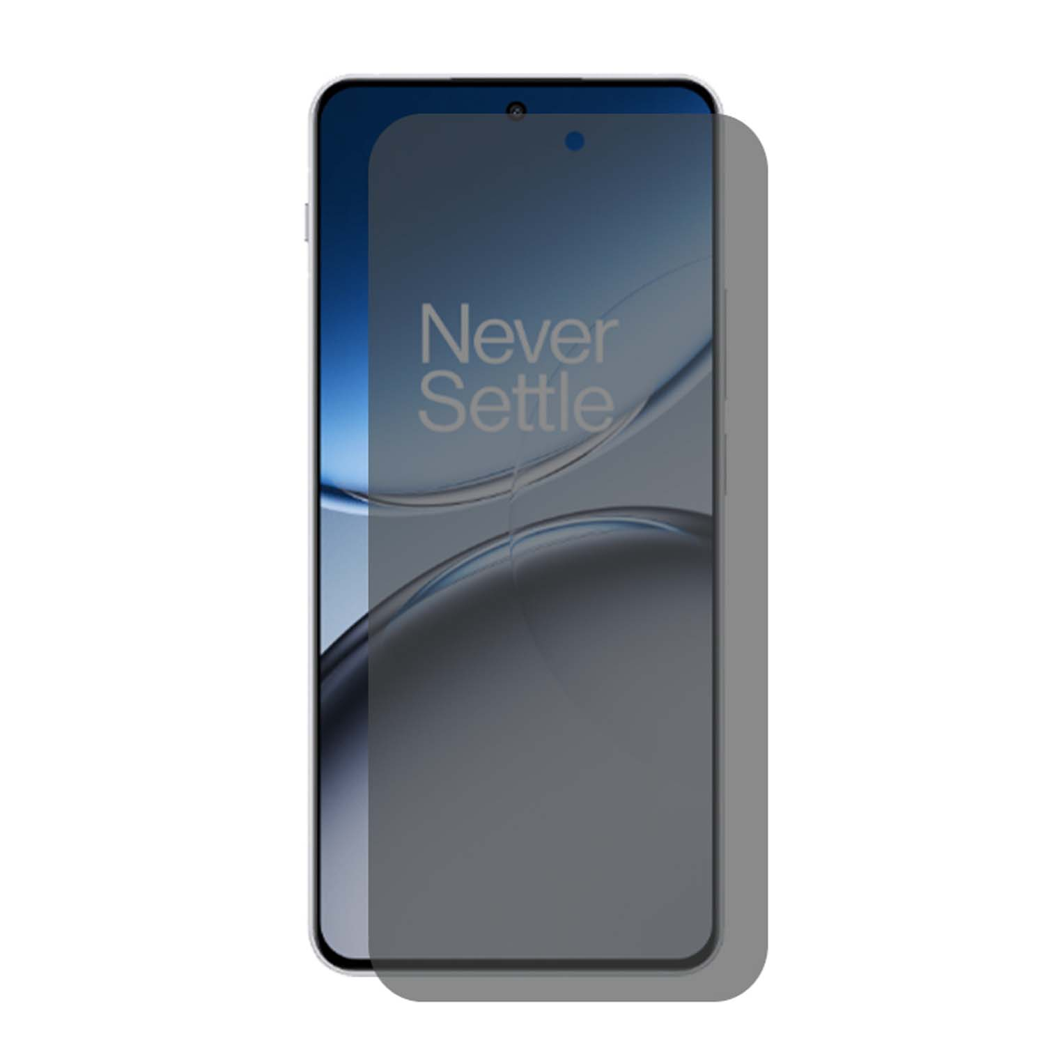 Un téléphone avec un protecteur d'écran installé, avec « Never Settle » à l'écran.