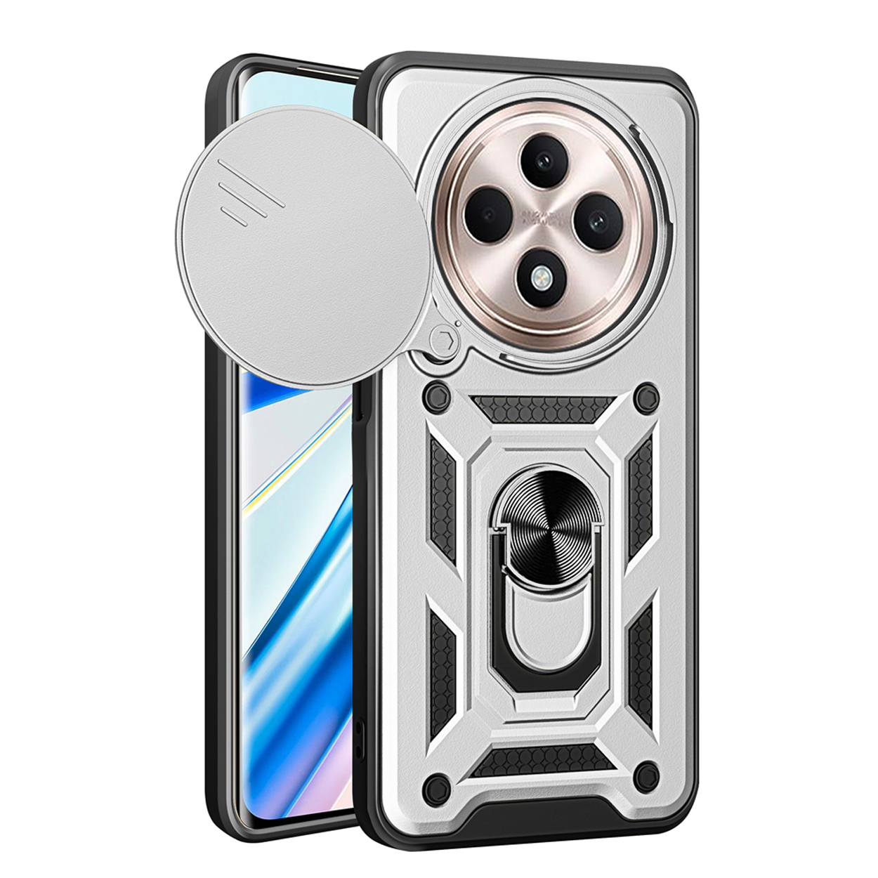 Coque de téléphone argentée avec découpes pour caméra et support de bague, avec un téléphone à l'intérieur.