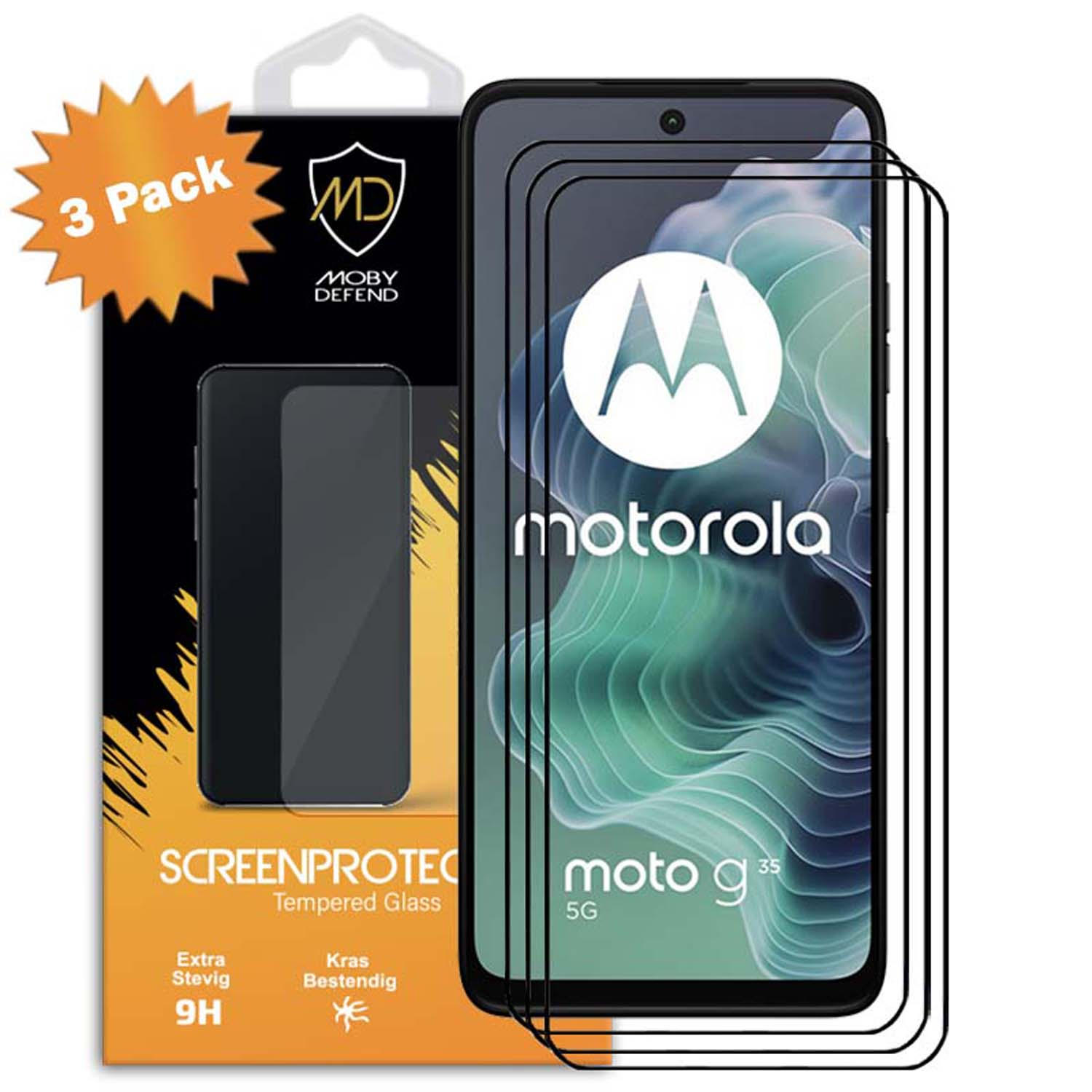 Een telefoon met 3 schermbeschermers. Het scherm toont het Motorola-logo en de modelnaam.