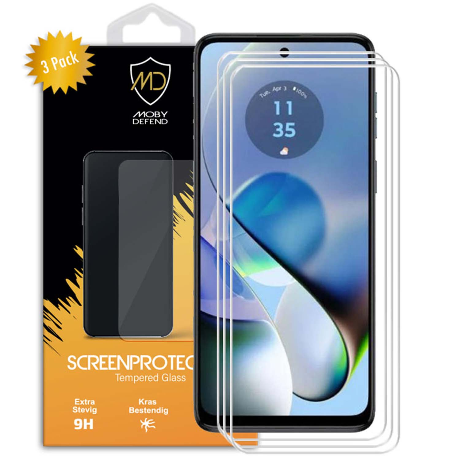 Téléphone Motorola avec 3 protecteurs d'écran dans l'emballage Moby Defend.