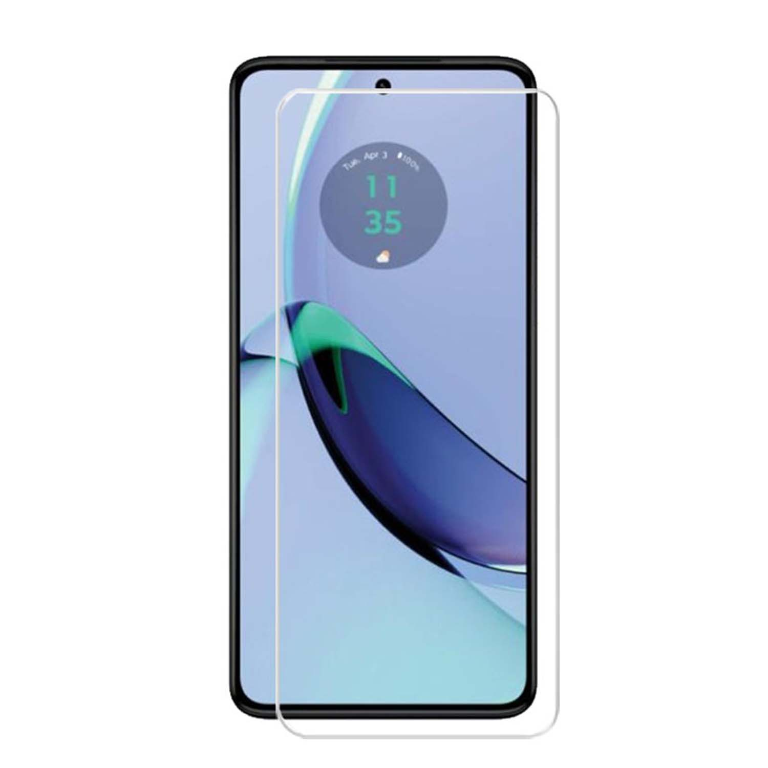 Telefoonschermbeschermer op een telefoon, met een vage blauwe en teal achtergrond.