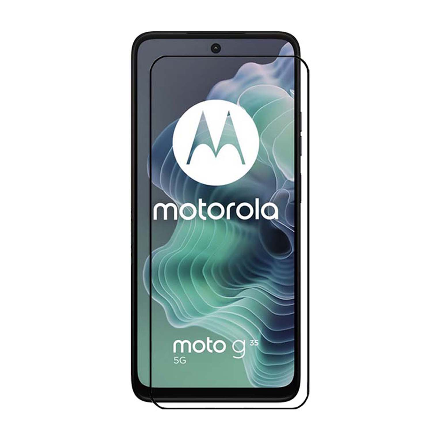 Een smartphone met een screenprotector. De telefoon toont het Motorola-logo en tekst. De protector is helder.