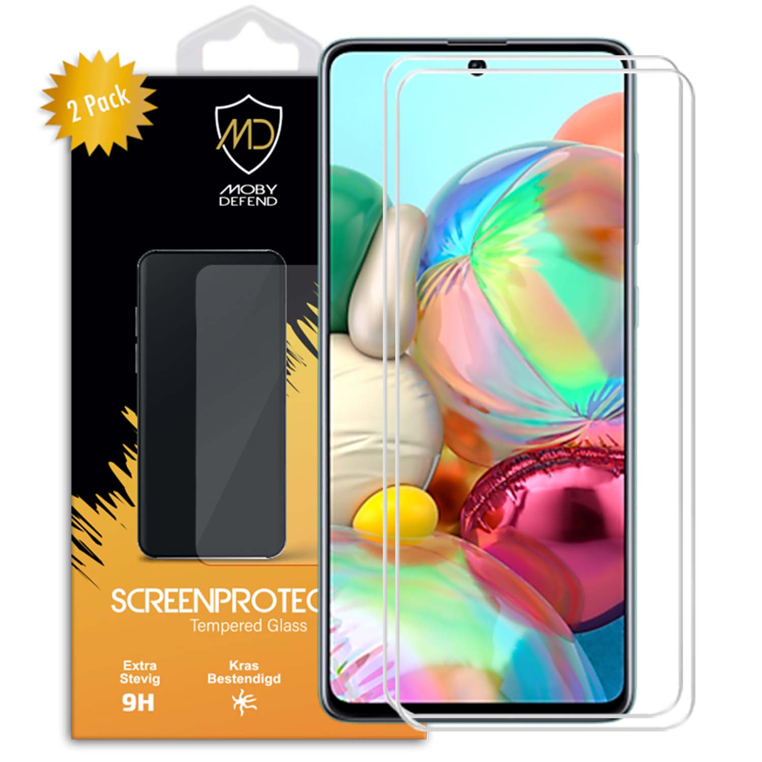 Téléphone avec protecteurs d'écran et emballage. L'écran affiche des formes abstraites colorées.