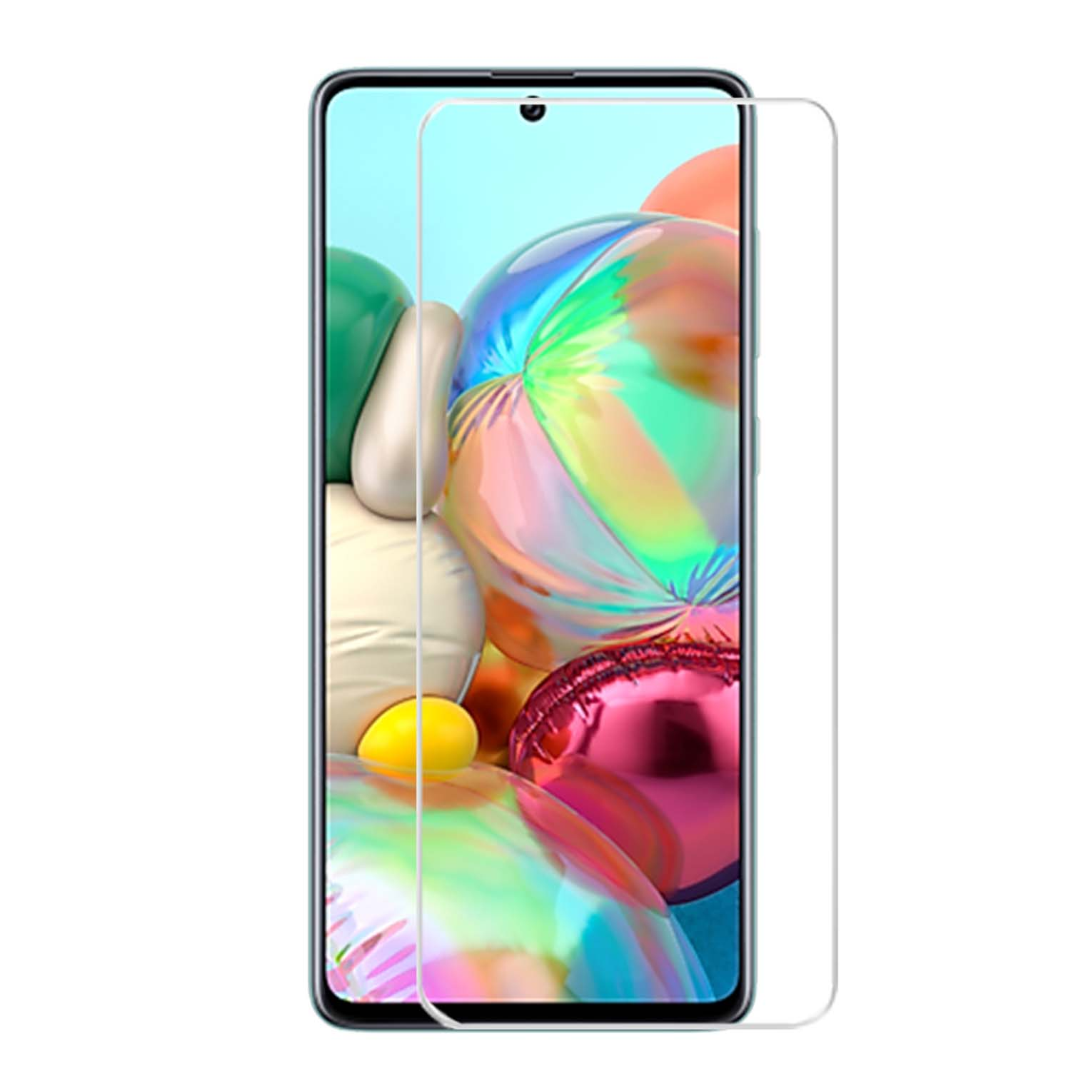 Un smartphone avec un protecteur d'écran appliqué. L'écran affiche une image abstraite colorée. Le protecteur est transparent.