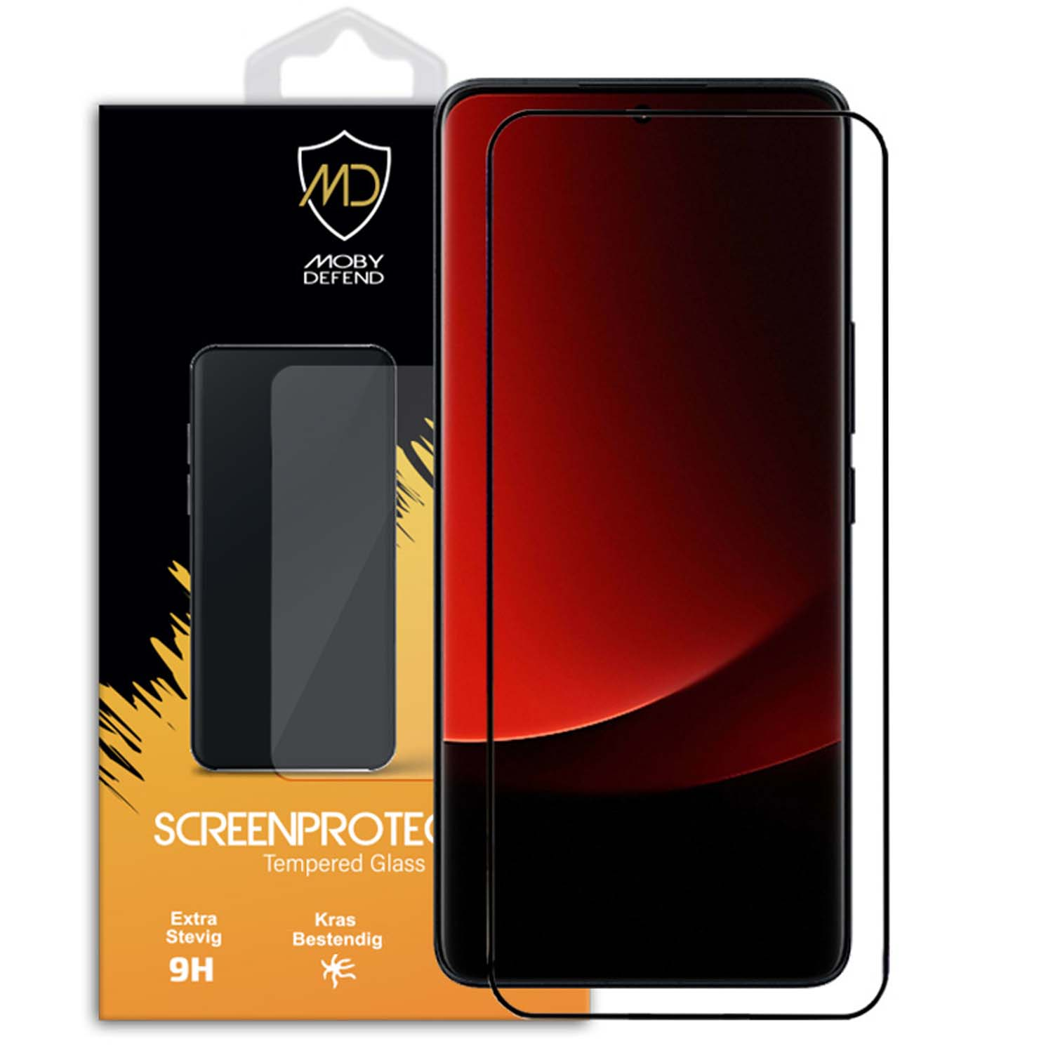 Protecteur d'écran de téléphone avec un emballage, un smartphone et des protecteurs d'écran. Il y a une étoile dorée et il est indiqué 9H.
