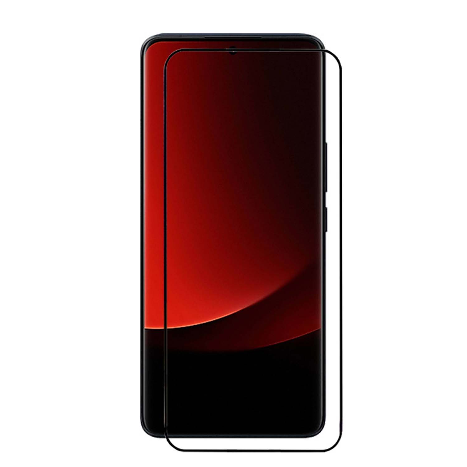 Een smartphonescherm met een zwart kader en een rood-zwarte gradiënt achtergrond, met een schermbeschermer.