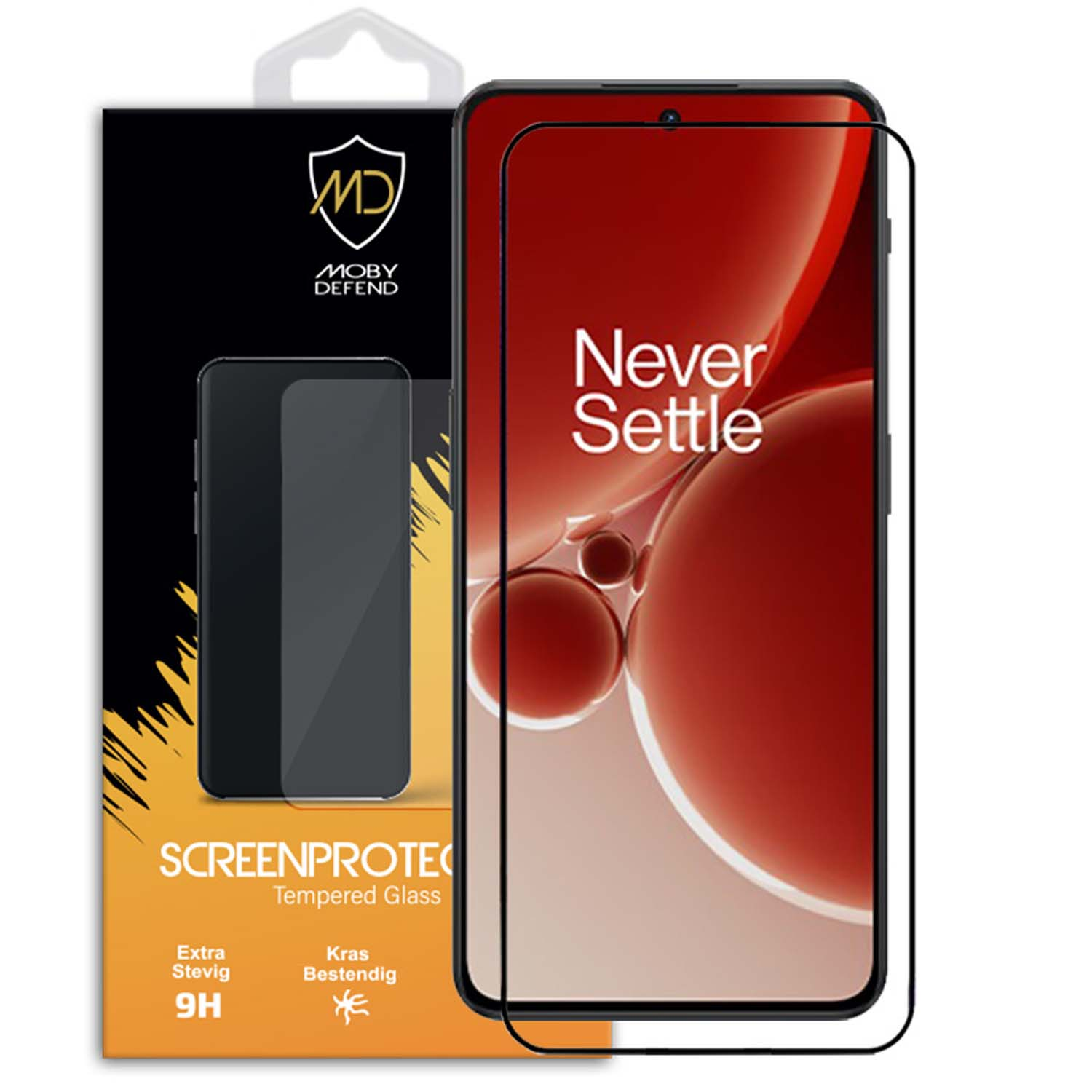 Een verpakking van een telefoonschermbeschermer met een telefoon en een doos.
