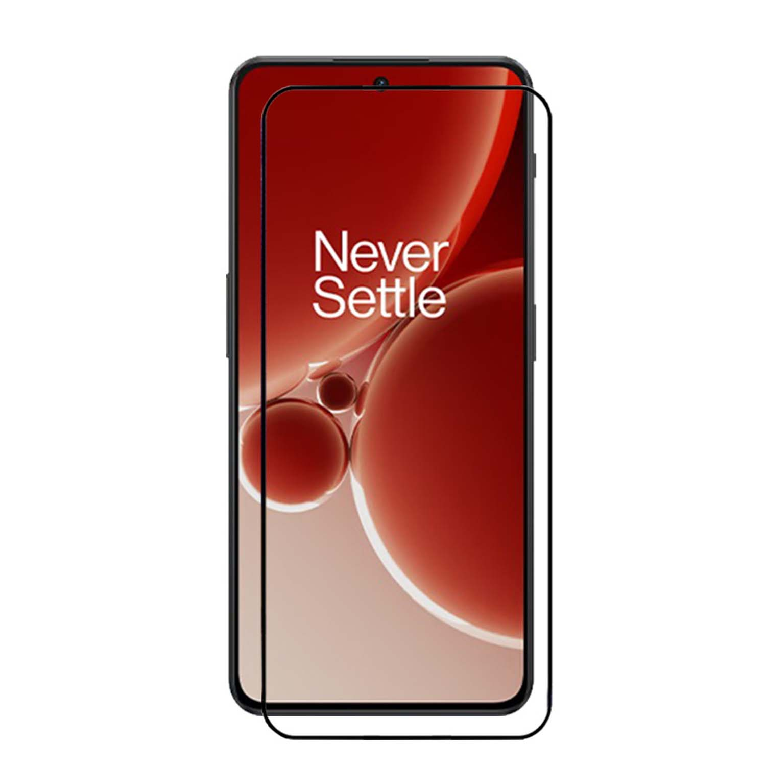 Een smartphone met een screenprotector aangebracht. Het scherm toont een rood en wit ontwerp. De protector is helder.