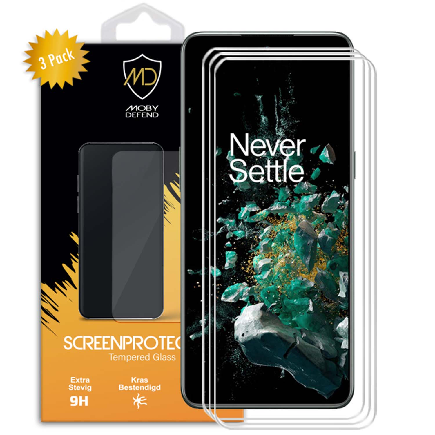 Protecteurs d'écran de téléphone en paquet de 3, avec un téléphone affichant un graphique et 'Never Settle'.