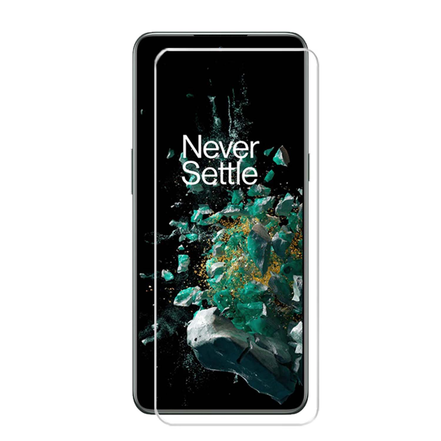 Téléphone avec protecteur d'écran, texte 'Never Settle', design abstrait vert.