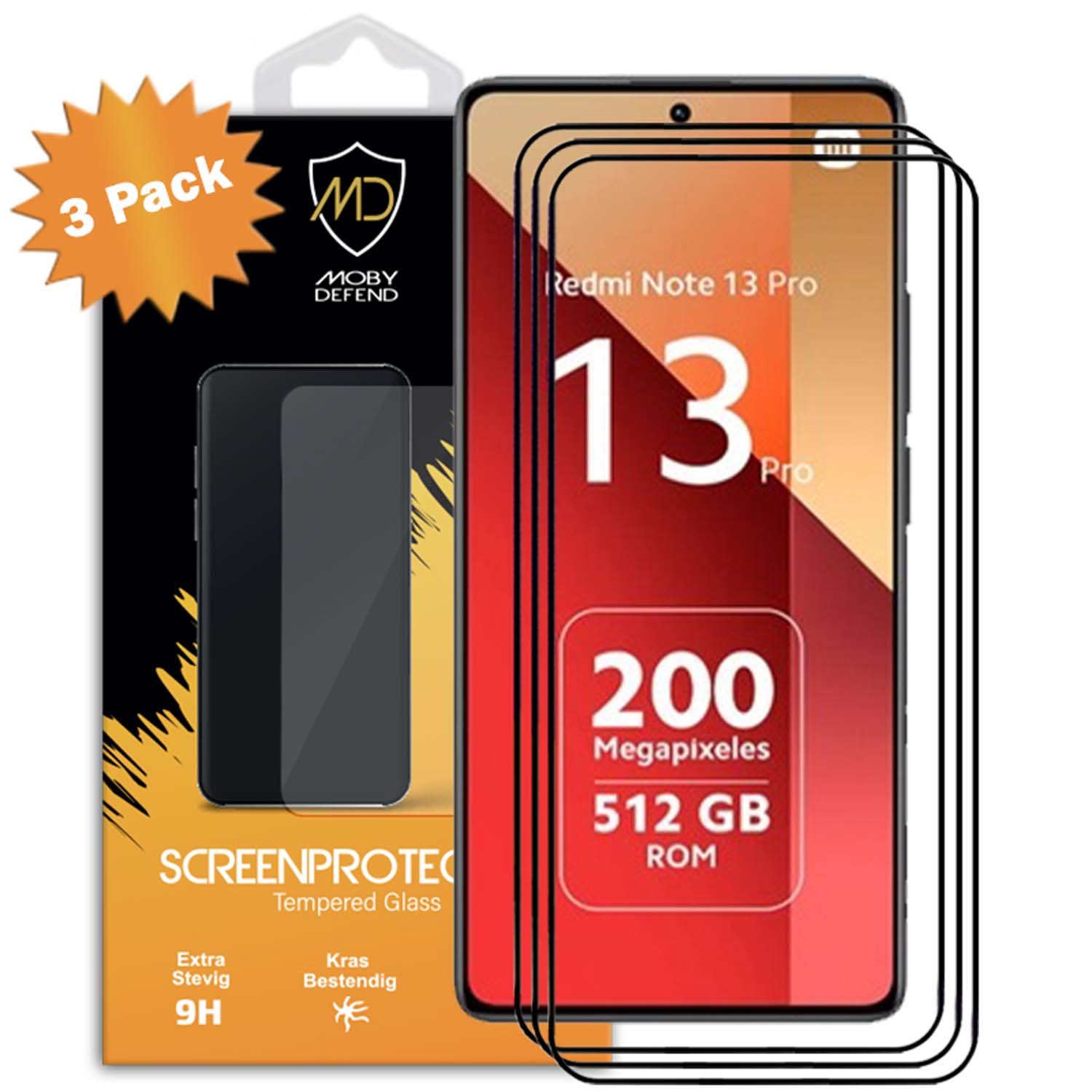 Un téléphone avec protecteur d'écran et boîte '3 Pack', 'Redmi Note 13 Pro'.