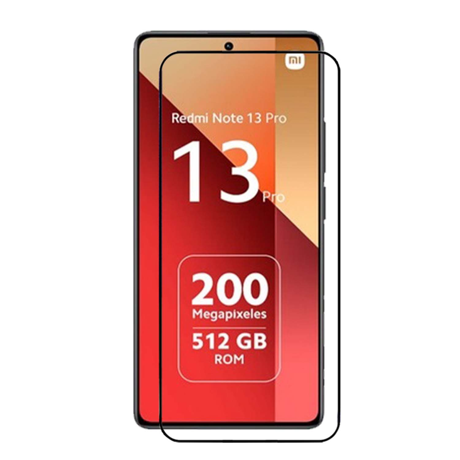 Téléphone avec protecteur d'écran. L'écran affiche le texte Redmi Note 13 Pro, 200MP, 512GB ROM.