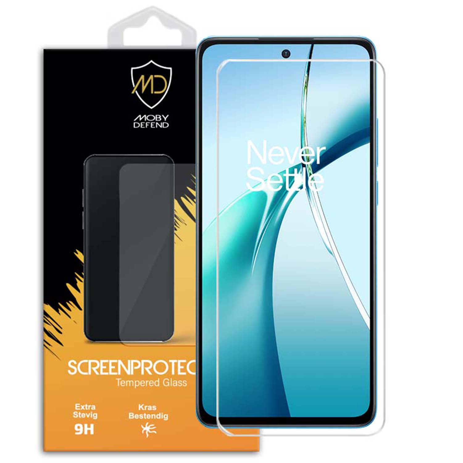 Protecteur d'écran avec téléphone dans la boîte. La boîte a un logo et du texte. Le téléphone affiche du texte.
