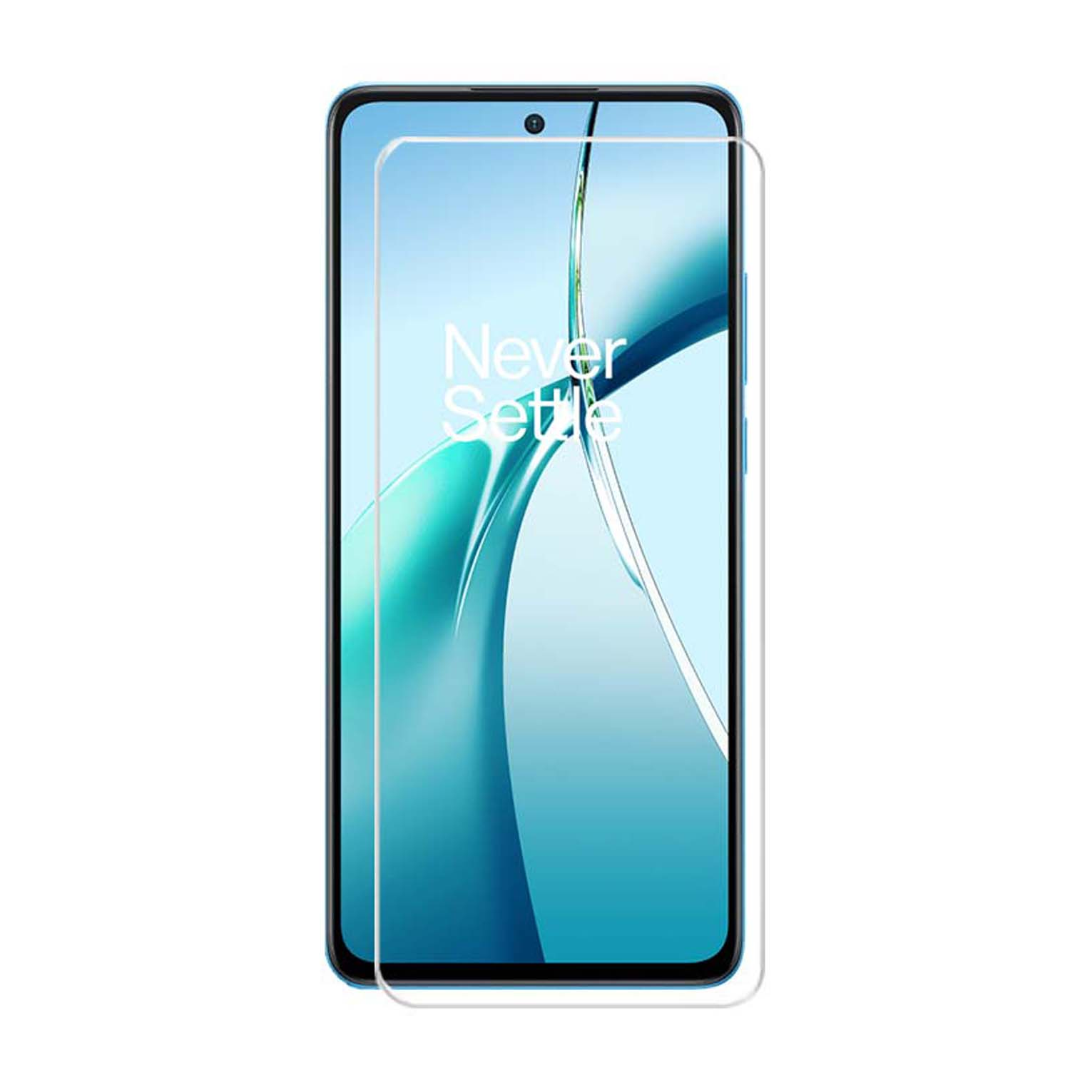Een blauwe telefoon met een schermbeschermer. Het scherm heeft tekst met de tekst Never Settle.