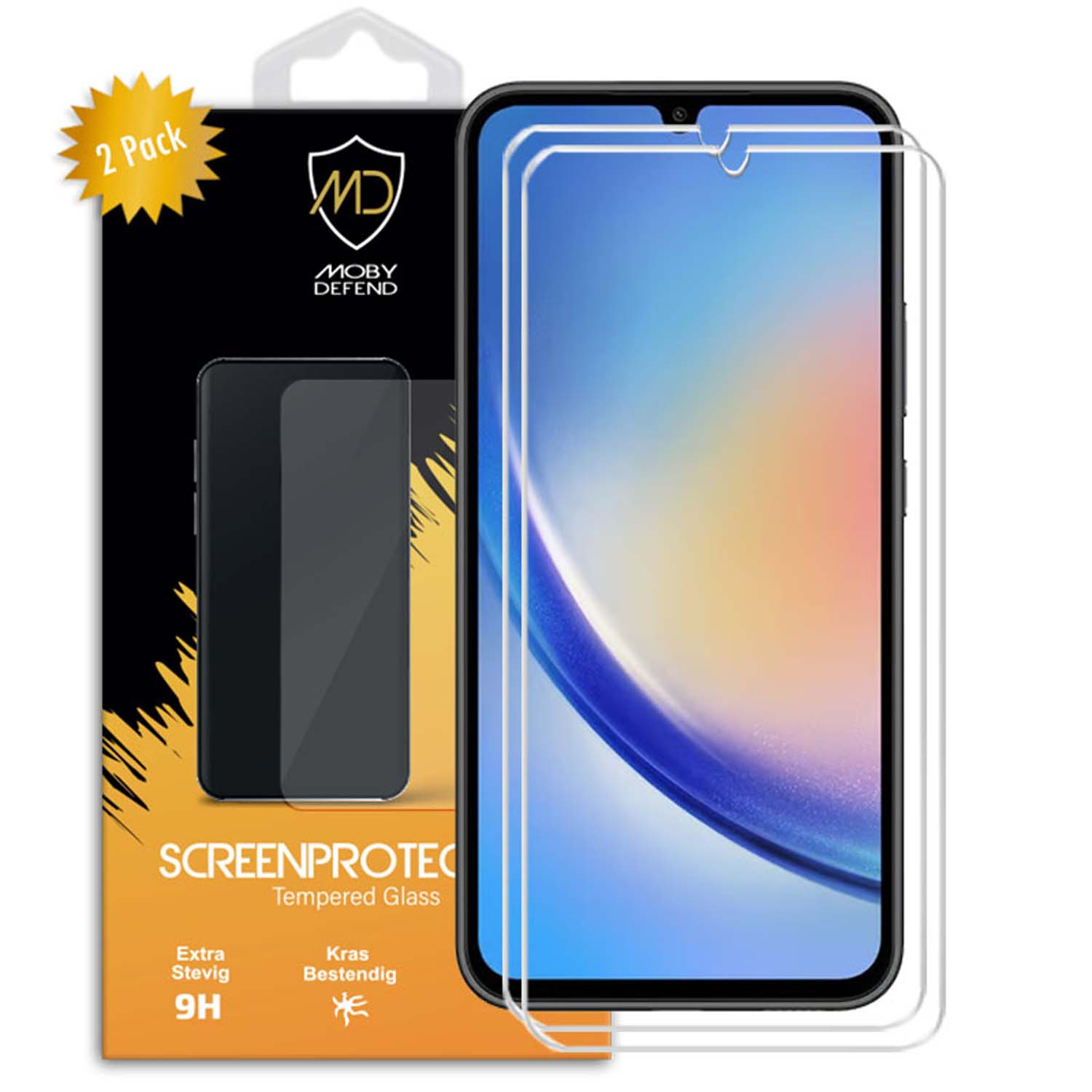 Telefoon en schermbeschermers in een doos, met een blauwe en witte achtergrond.