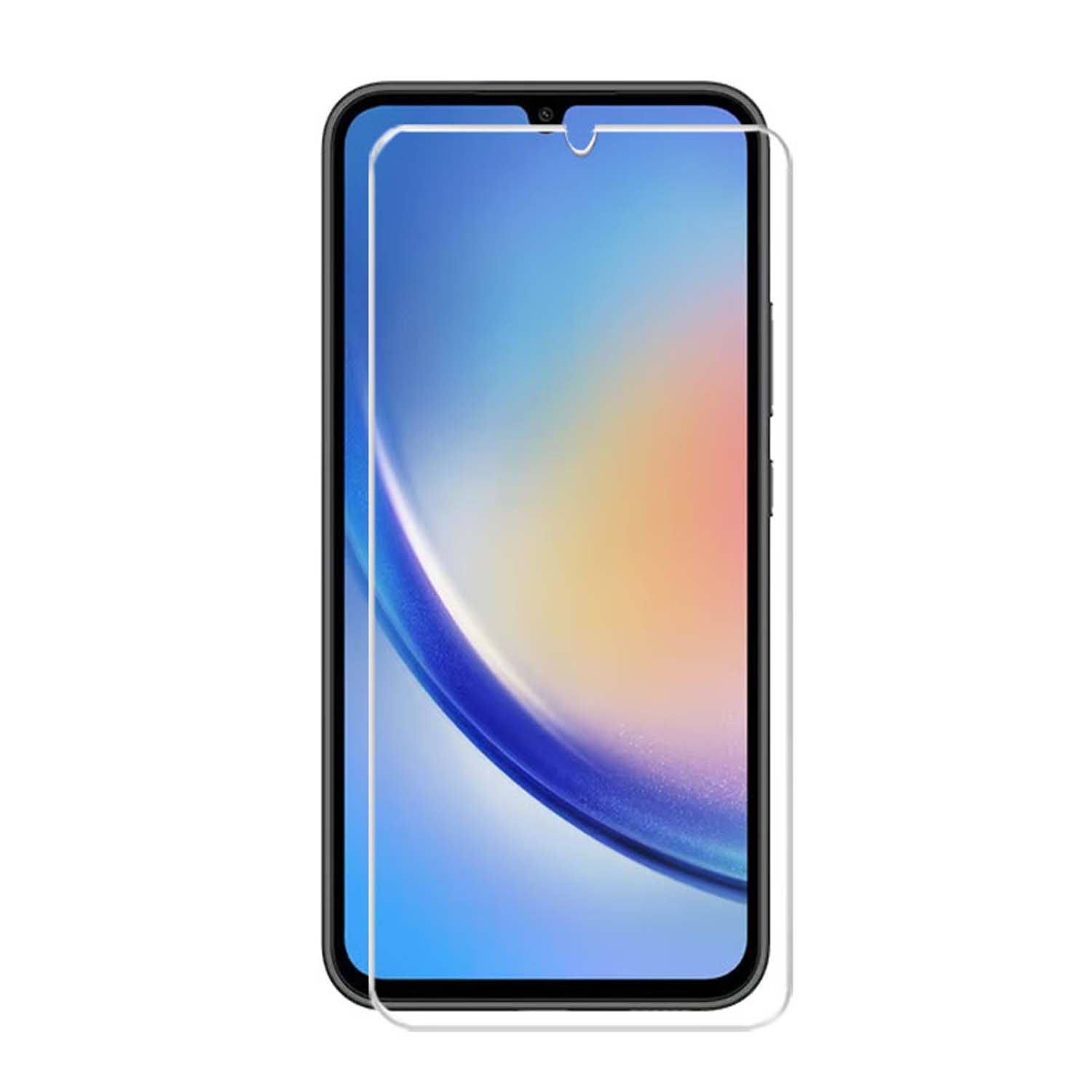 Telefoon met schermbeschermer, blauw-witte gradiënt achtergrond, met een waterdruppel.