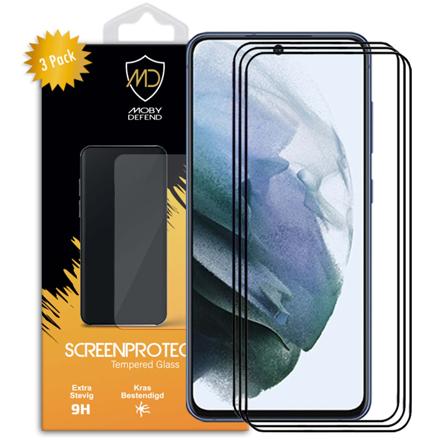 Schermbeschermers verpakking voor Samsung Galaxy S21. Telefoonschermen worden getoond.