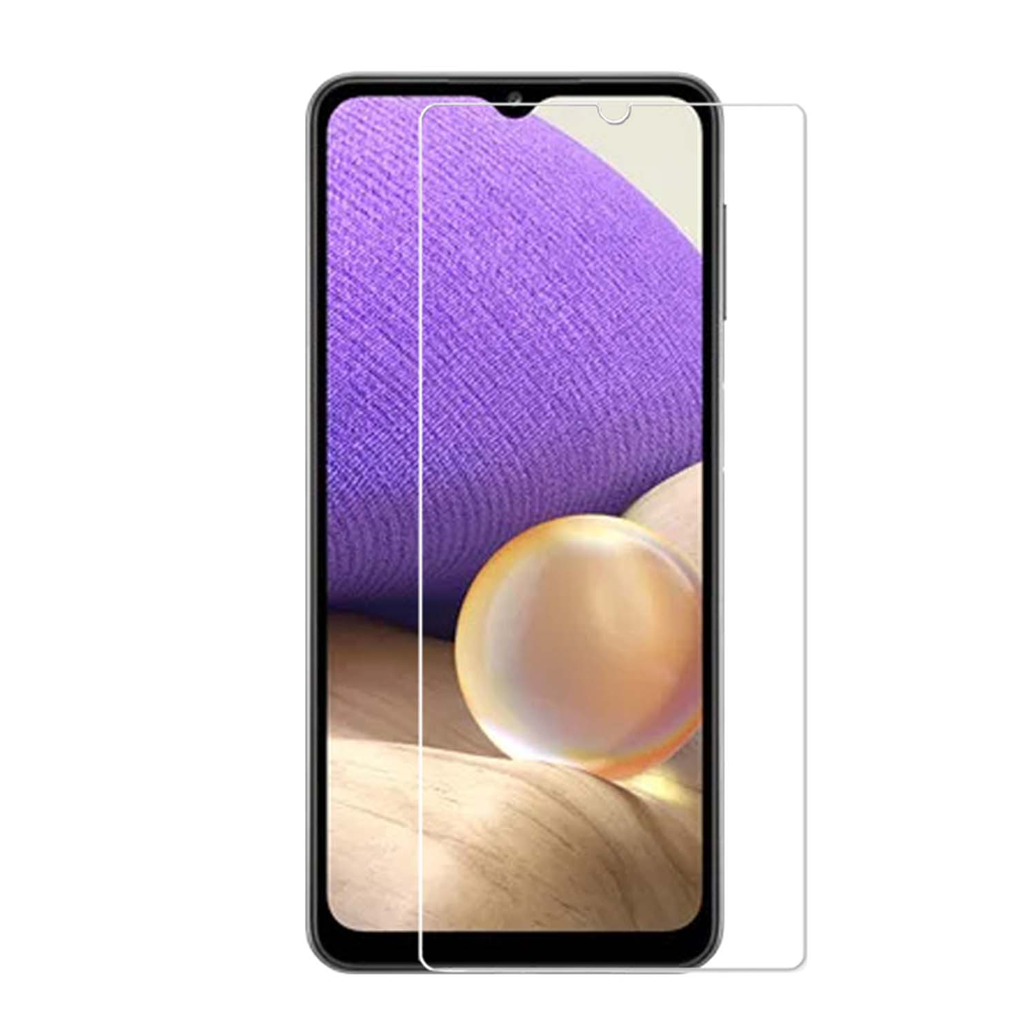 Telefoon met schermbeschermer, met een paarse en gouden abstracte achtergrond.