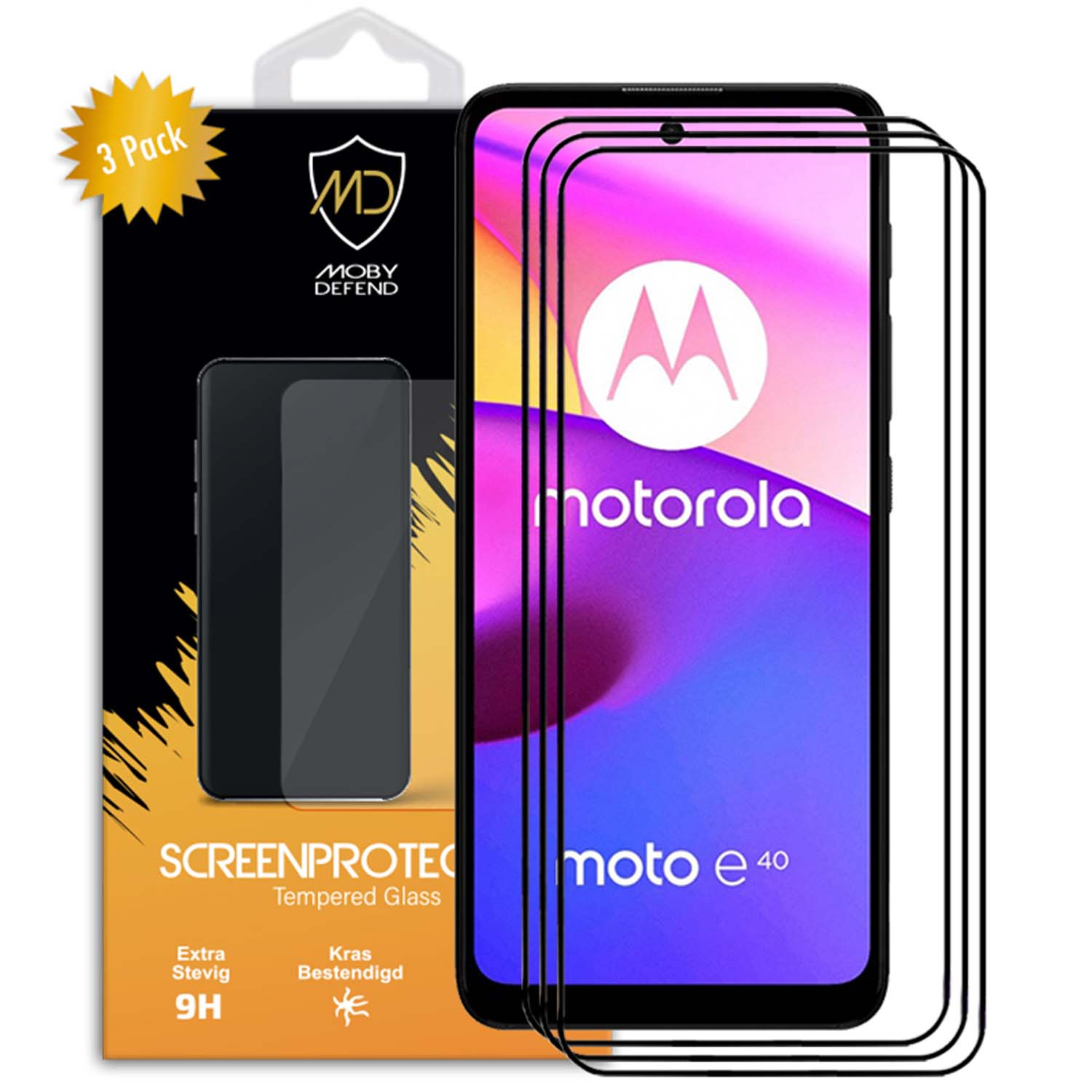 Un protecteur d'écran Motorola Moto E40 dans une boîte avec un autocollant « Lot de 3 ».