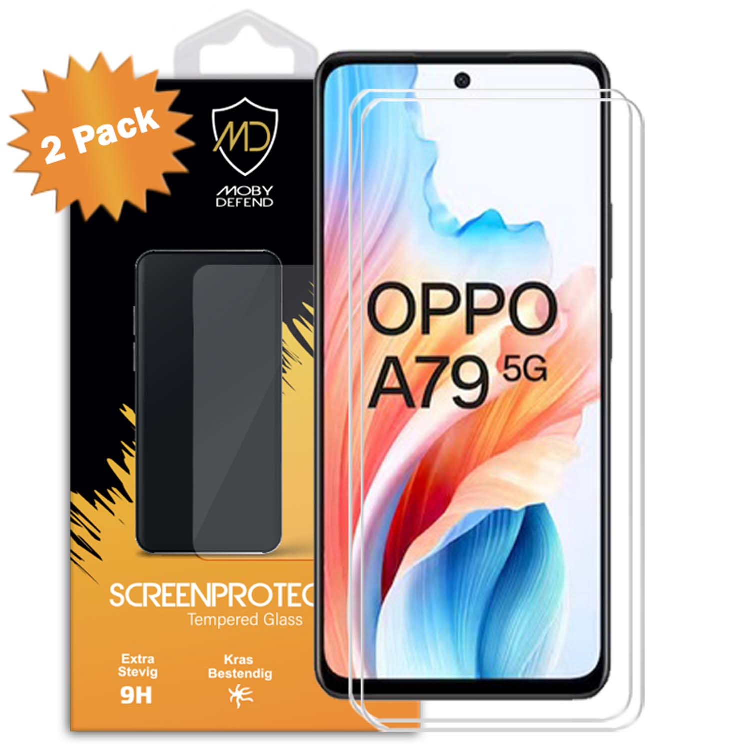 Protecteurs d'écran de téléphone en pack de 2, avec un téléphone affichant le texte 'OPPO A79 5G'.