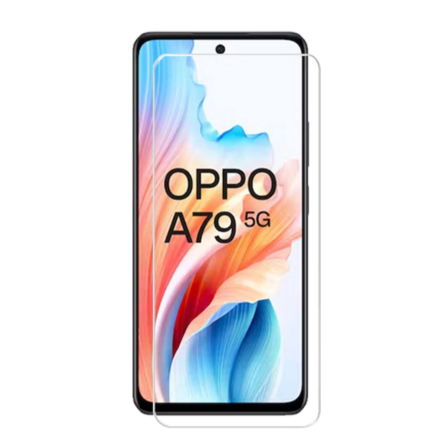 Smartphone scherm met screenprotector. Toont een Oppo logo en kleurrijke abstracte vormen.