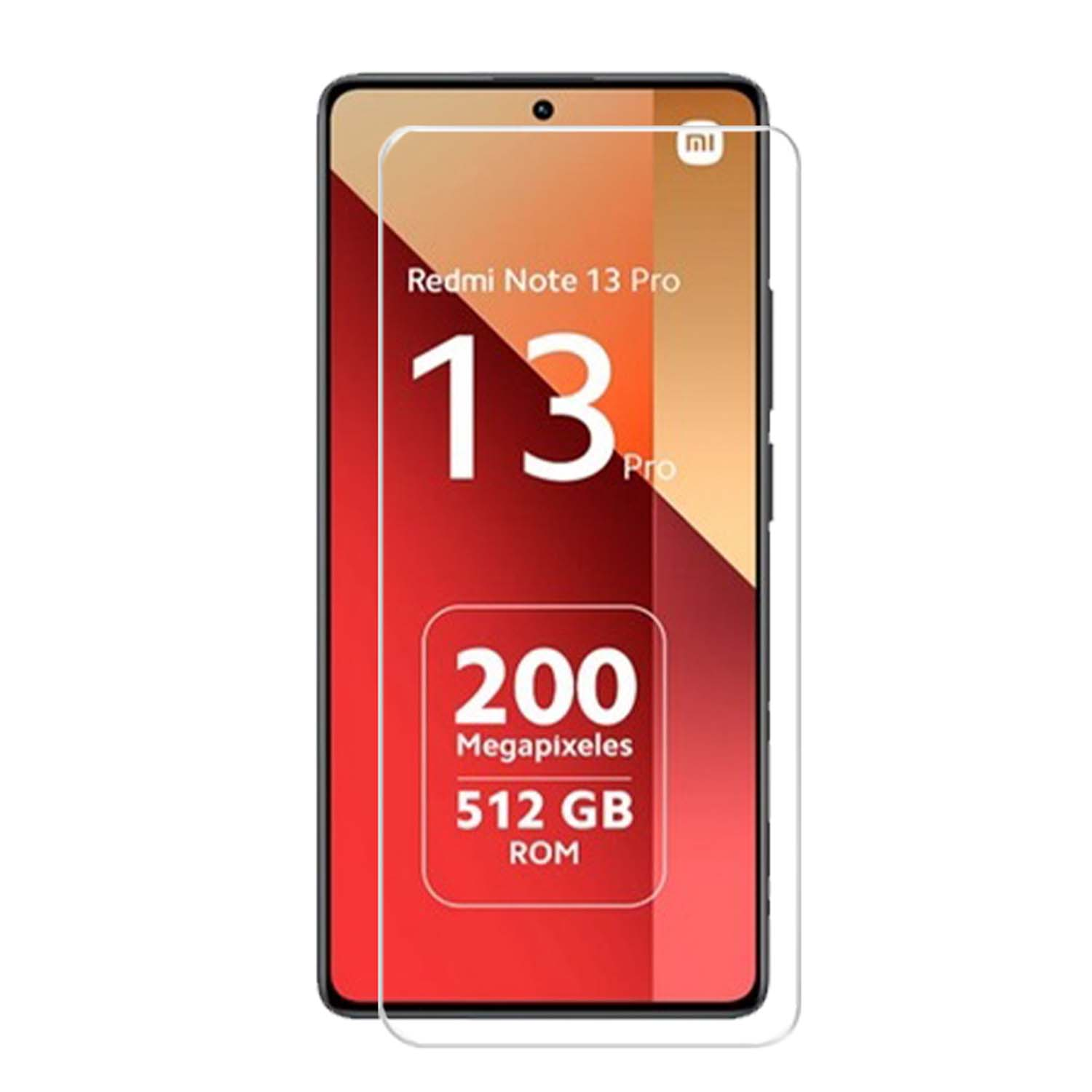 Téléphone Redmi Note 13 Pro avec protecteur d'écran. Le texte affiche les détails des mégapixels et ROM.