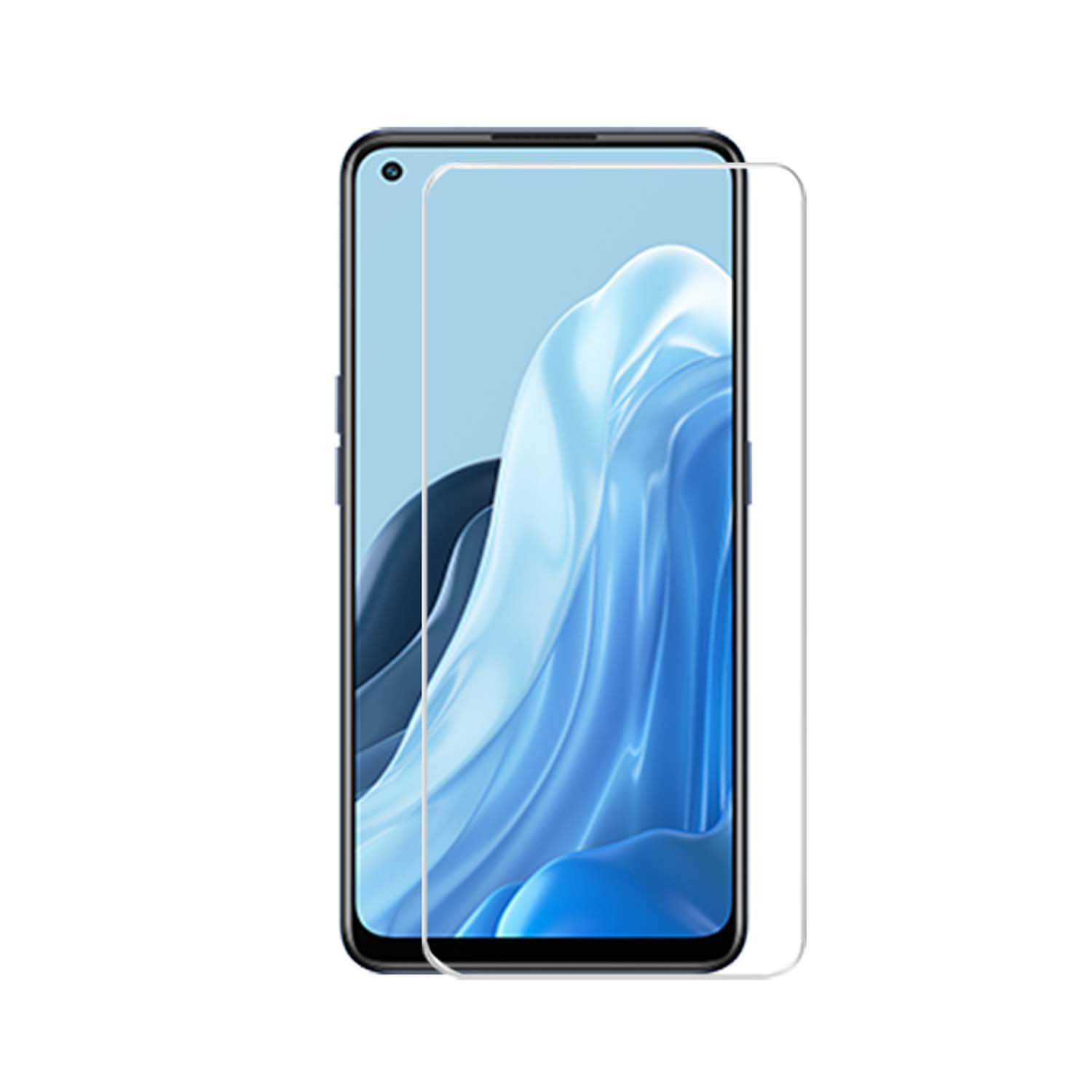 Smartphonescherm met screenprotector. De telefoon toont een blauw en wit abstract ontwerp.