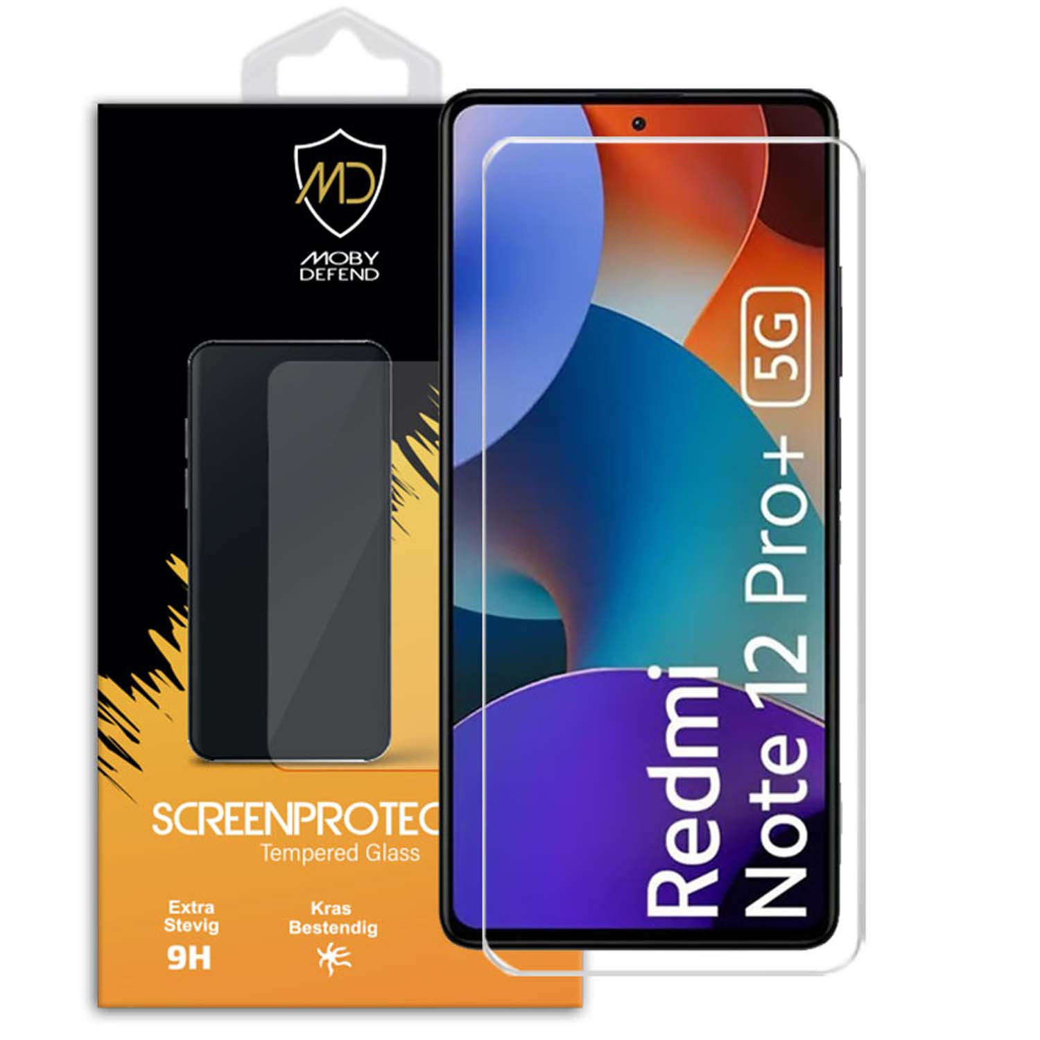 Schermbeschermer en telefoonbox. Tekst: 'Redmi Note 12 Pro+ 5G'. Glas is helder.