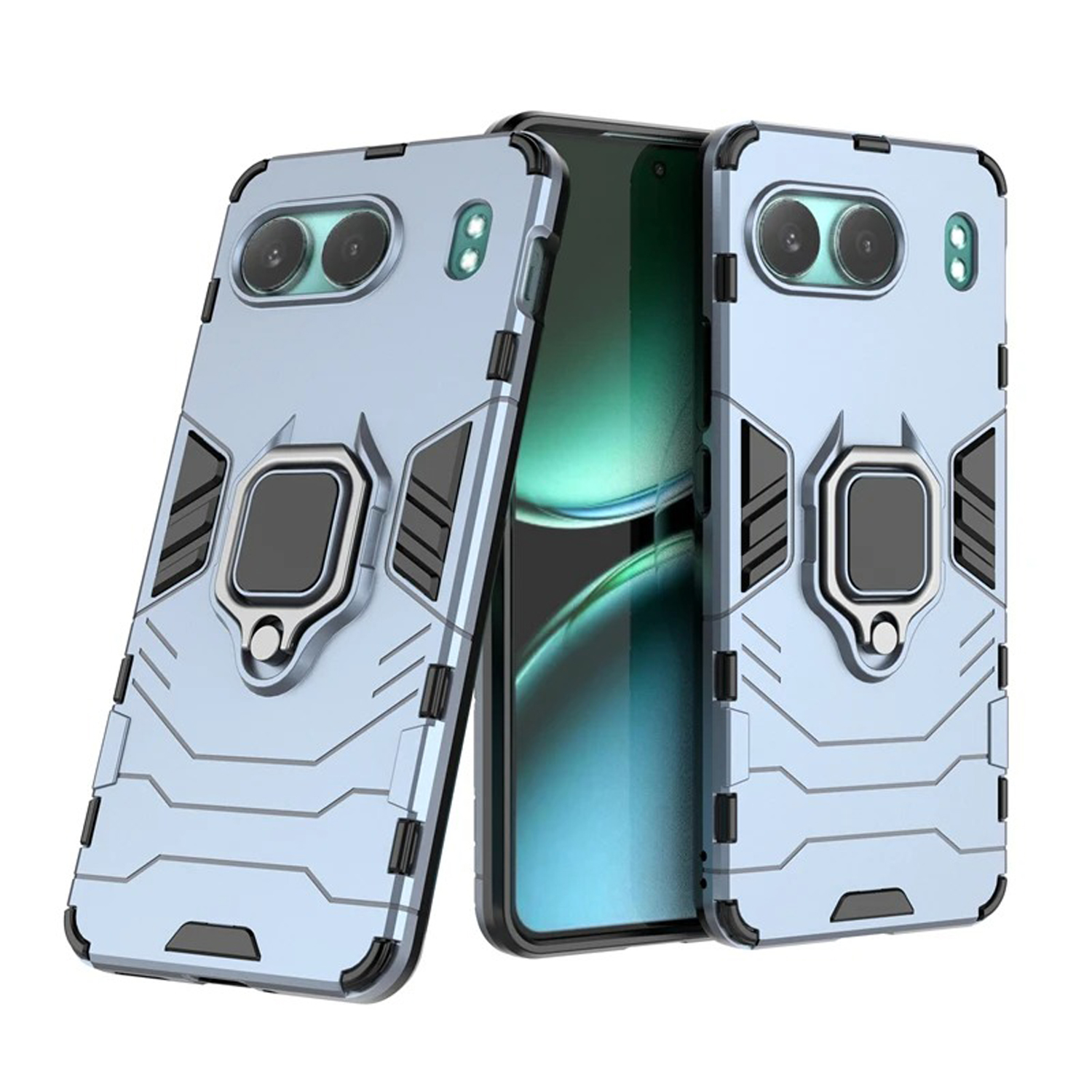 Drie telefoonhoesjes worden getoond. Ze hebben een ringhouder en camera-uitsparingen. Kleuren: lichtblauw, zilver, rood.