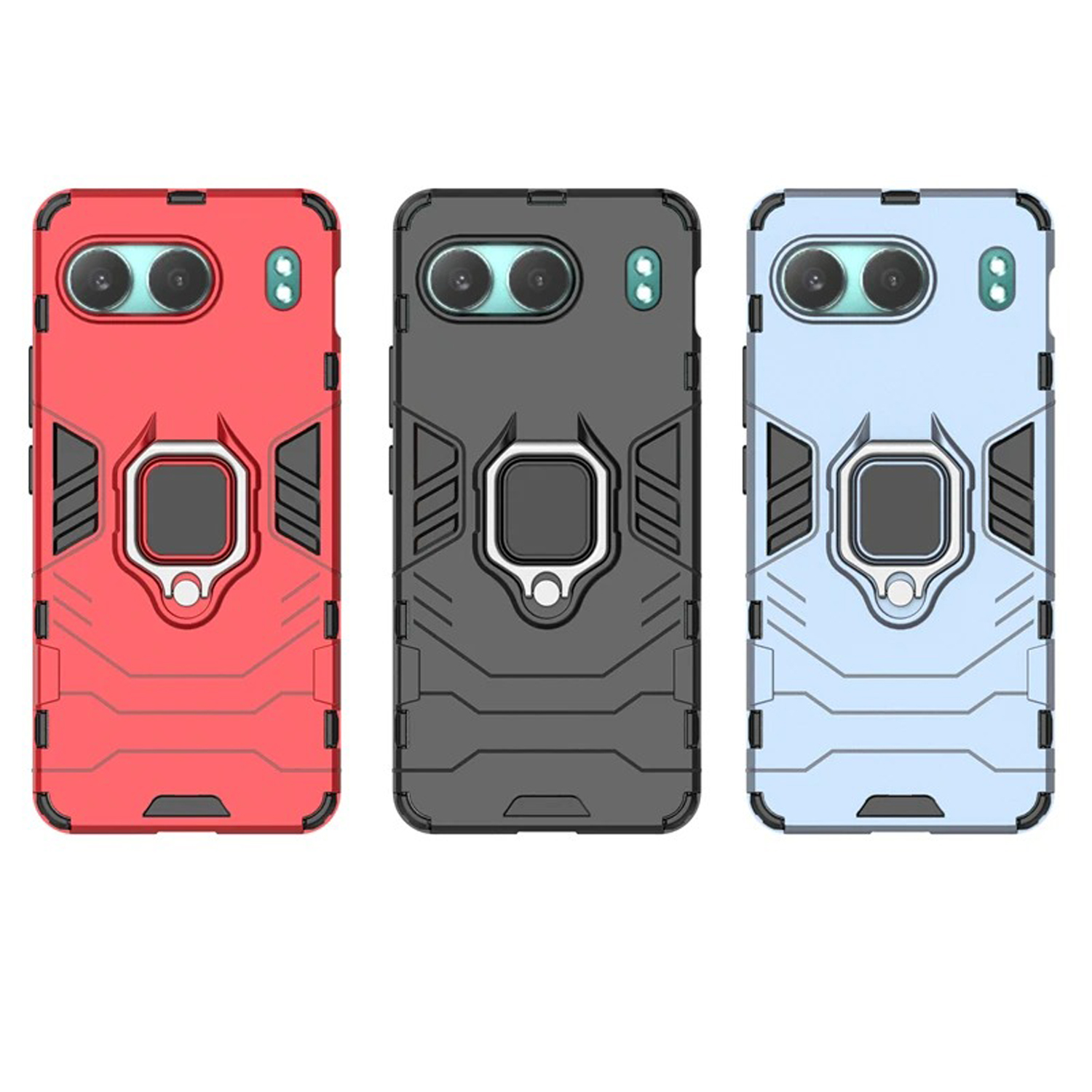 Drie telefoonhoesjes worden getoond. Elk heeft een ringhouder en camera-uitsparingen. Kleuren: rood, zwart en blauw.