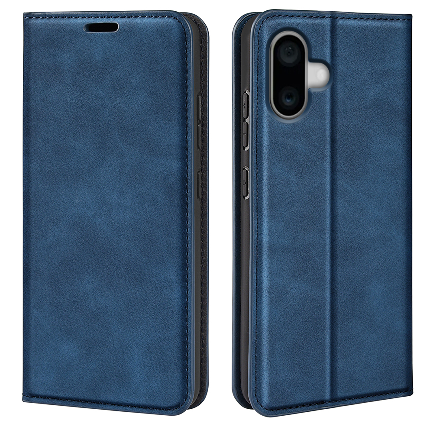 Een blauwe leren telefoonhoes, open en dicht getoond, met de camera van de telefoon zichtbaar.
