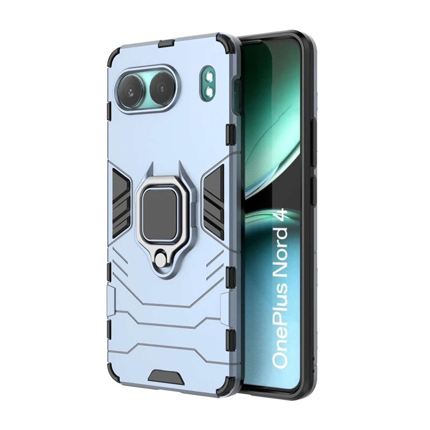 Blauwe telefoonhoes voor OnePlus Nord 4. De hoes is beschermend met een ringhouder aan de achterkant.