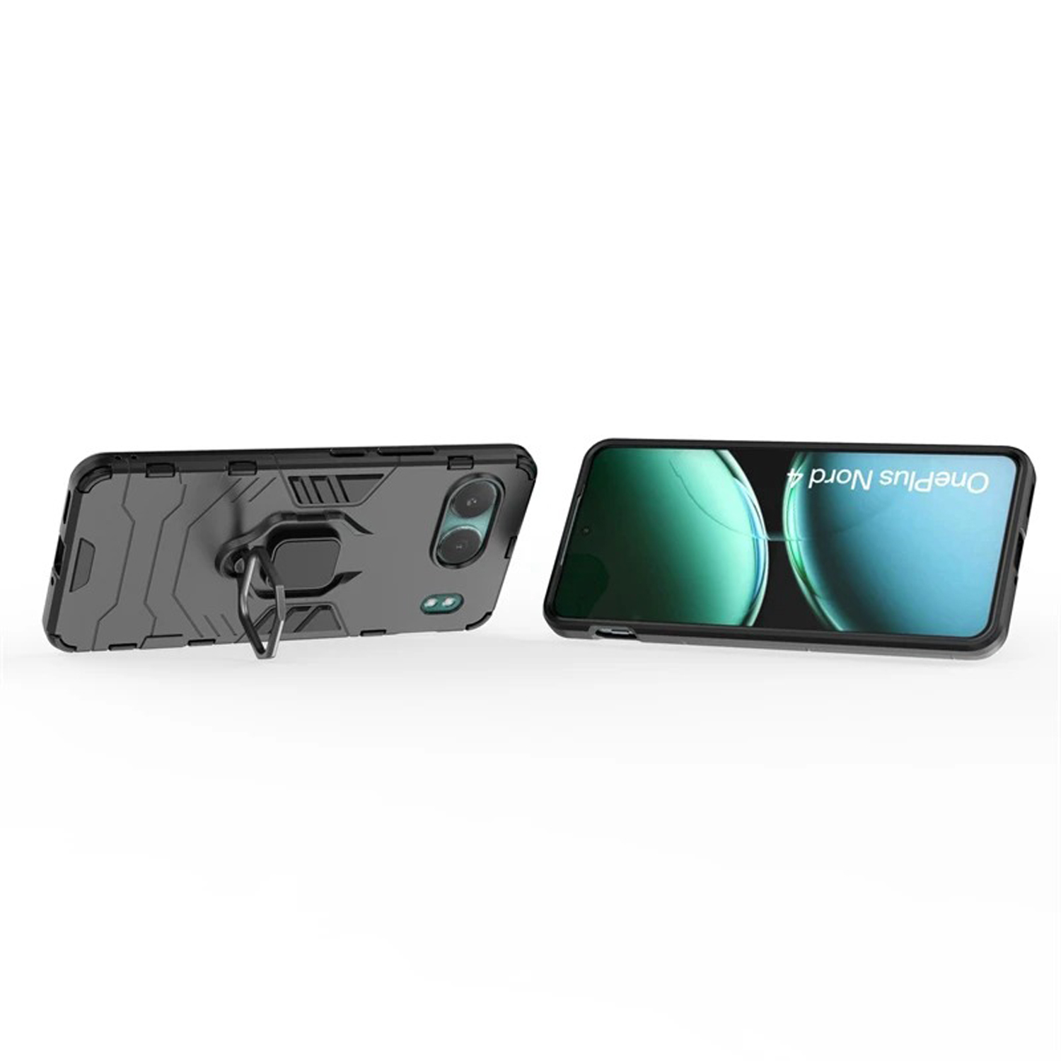 Twee telefoonhoesjes met telefoons erin. Een hoesje is zwart, de andere ligt op zijn kant.