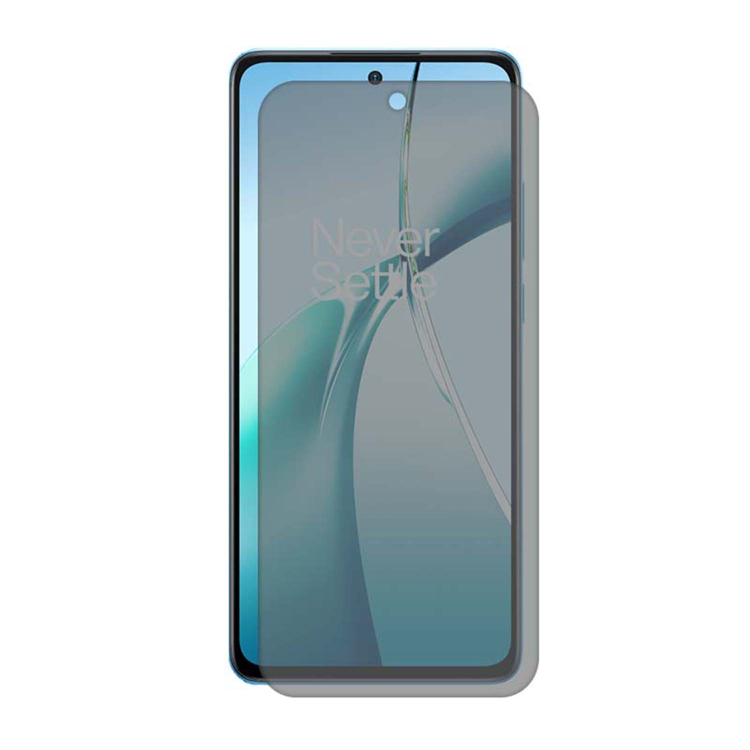 Telefoon met schermbeschermer. De beschermer heeft een privacyfilter met de tekst "Never Settle".
