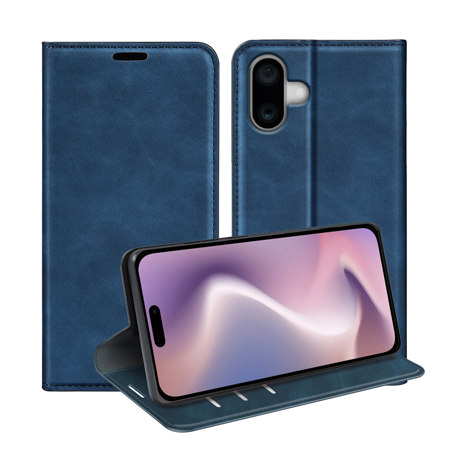 Een blauwe leren telefoonhoes, open om een telefoon te laten zien, met twee andere hoeken zichtbaar.