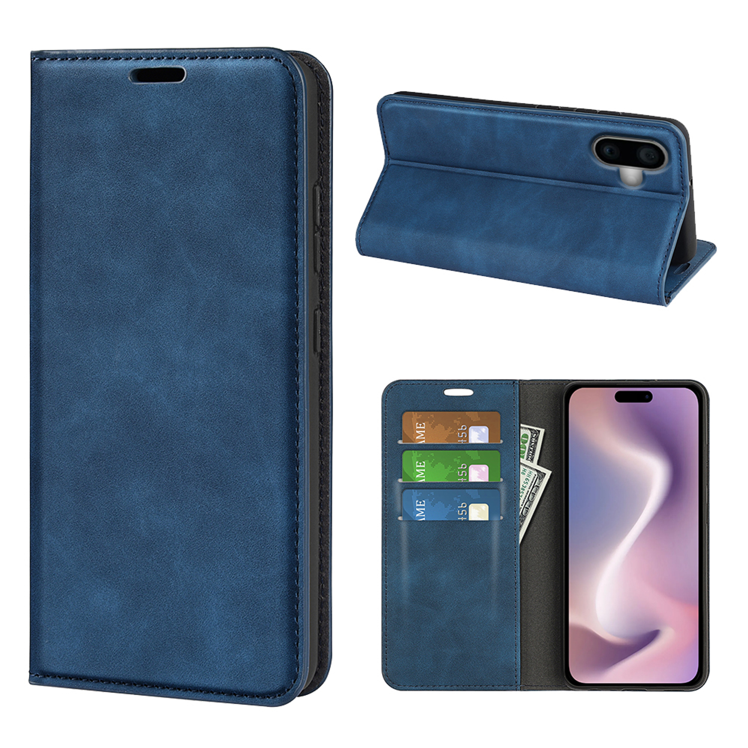 Blauwe leren telefoonhoes met kaarten en geld. Telefoon is zichtbaar. Verschillende hoeken.