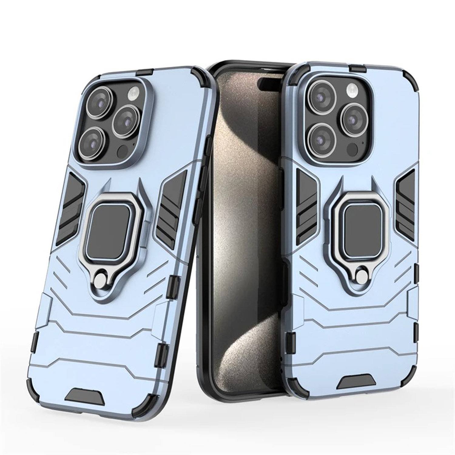 Twee lichtblauwe telefoonhoesjes met een ringhouder. Hoesjes hebben een beschermend ontwerp.
