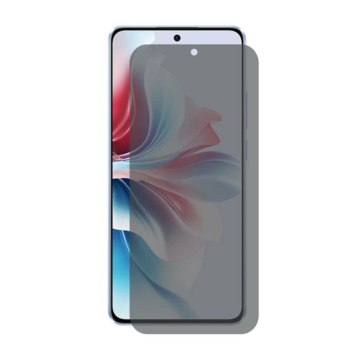 Smartphone avec protection d'écran de confidentialité, montrant un arrière-plan floral flou.
