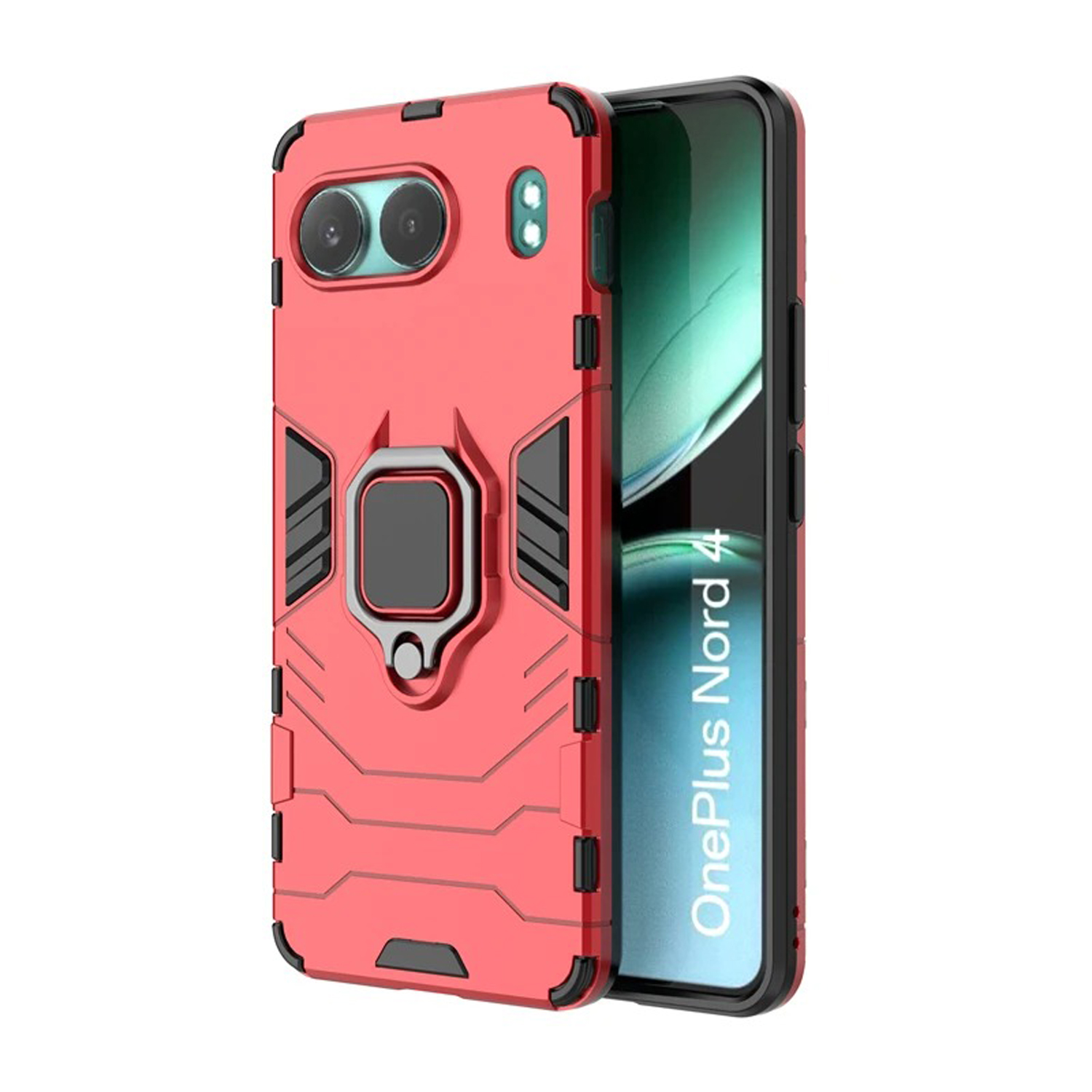 Rode telefoonhoes met een standaard, telefoon erin. De hoes is rood en zwart met een ring om vast te houden.