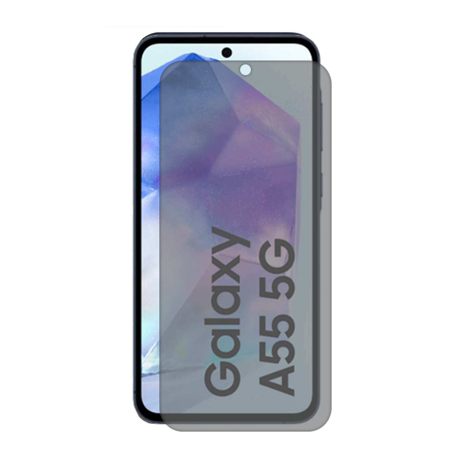 Un téléphone Galaxy A55 5G avec un protecteur d'écran. Le téléphone est blanc, le protecteur transparent.
