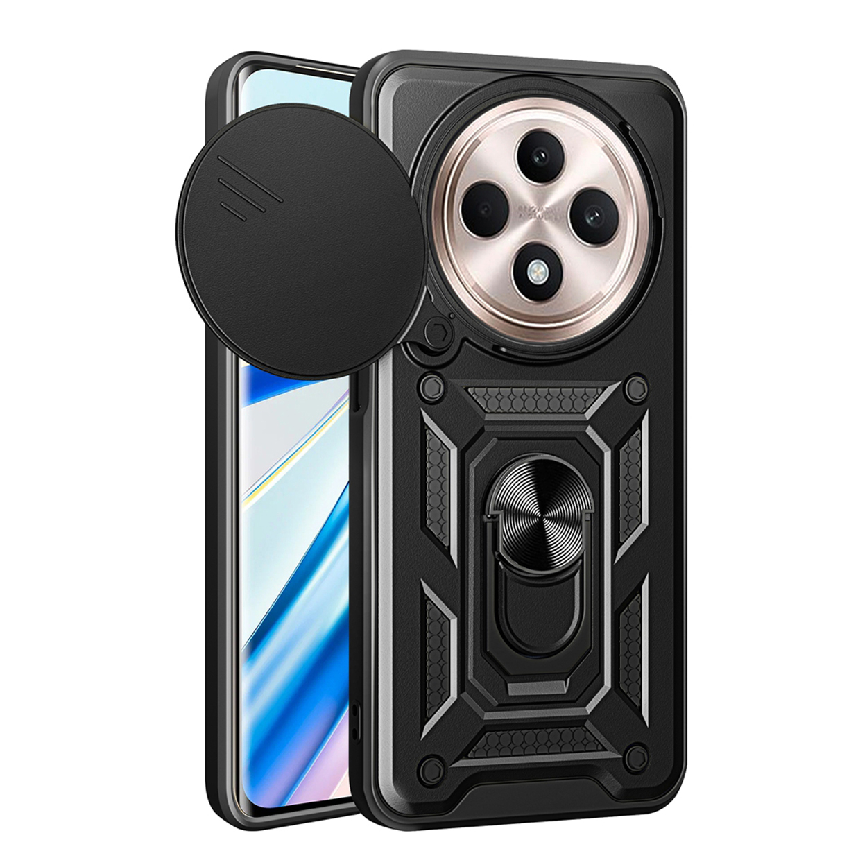 Coque de téléphone noire avec cache caméra et support d'anneau. Téléphone à l'intérieur de la coque.