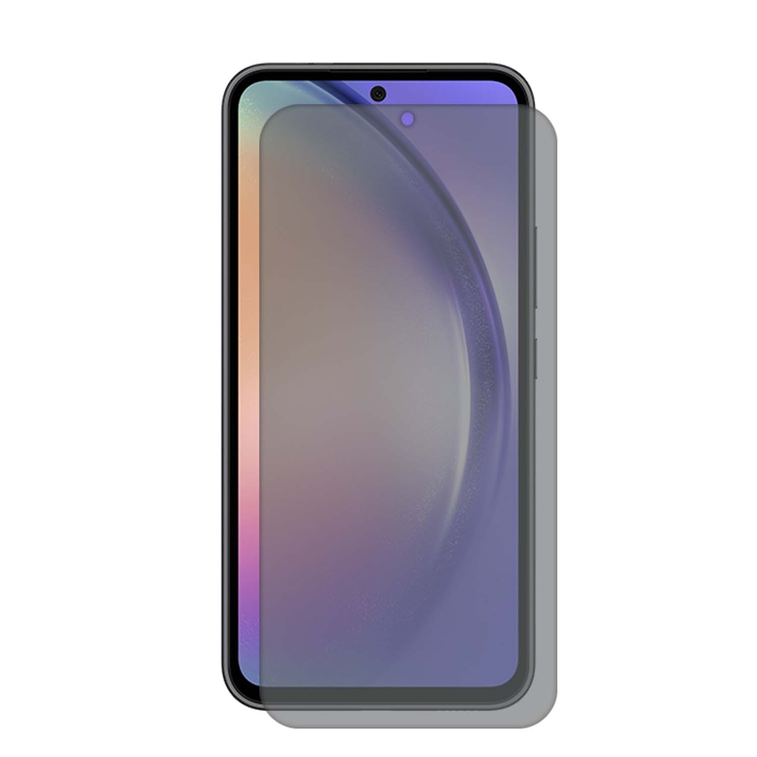 Schermbeschermer op een telefoon aangebracht. De beschermer is transparant met een lichte grijze tint.