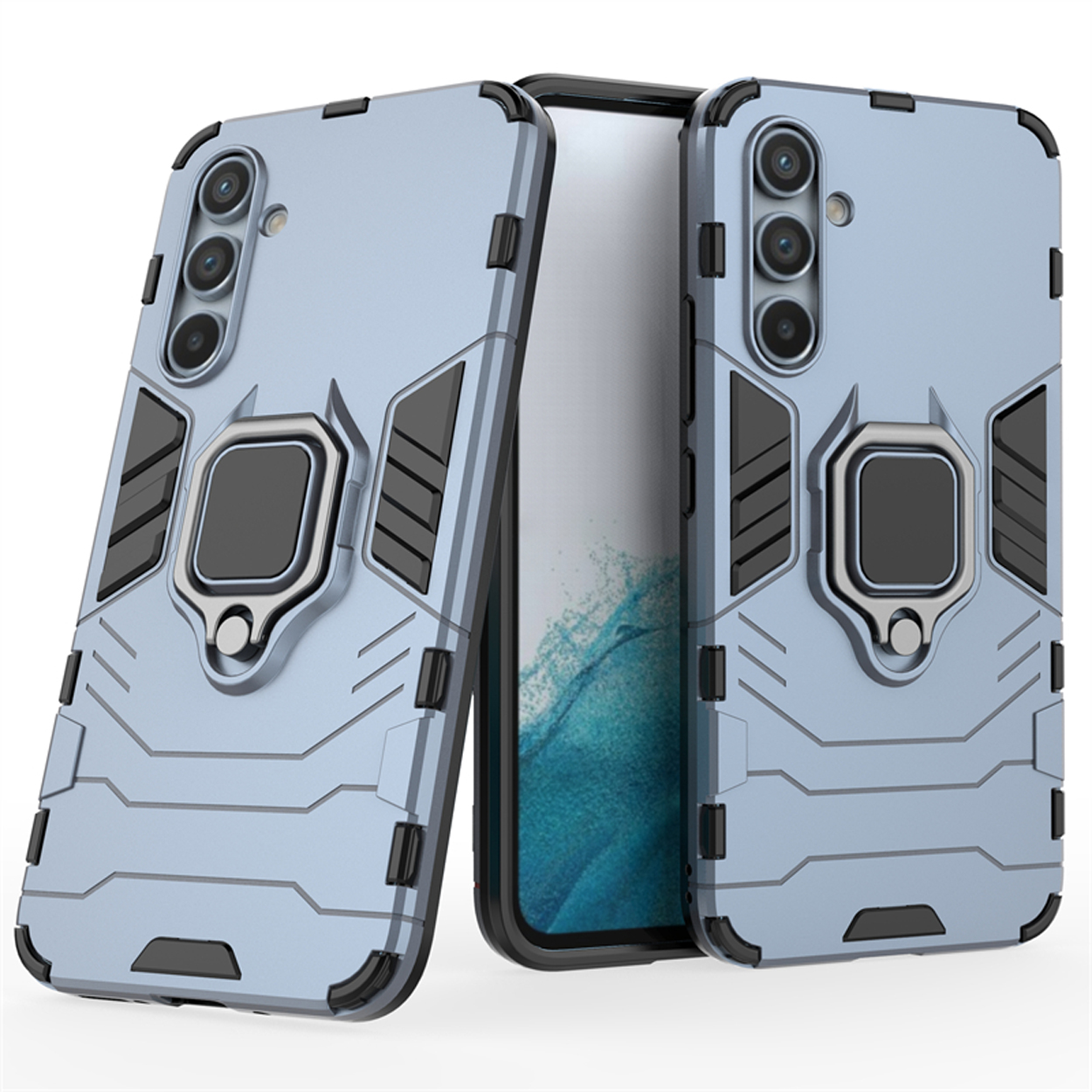 Twee telefoonhoesjes met standaards, lichtblauw met zwarte accenten en een ring om vast te houden. Telefoons zitten erin.