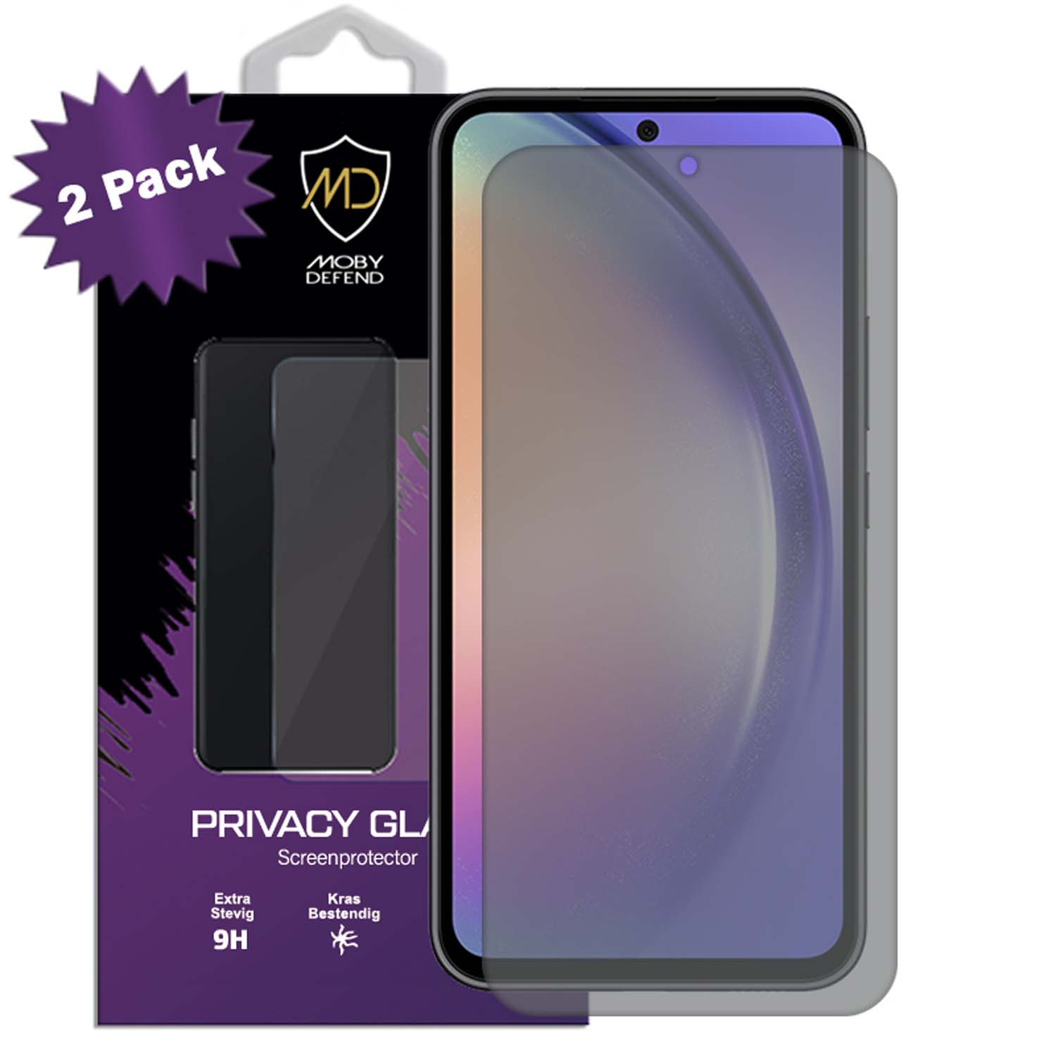 2-pack screenprotector voor een telefoon. De telefoon met de screenprotector is zichtbaar.