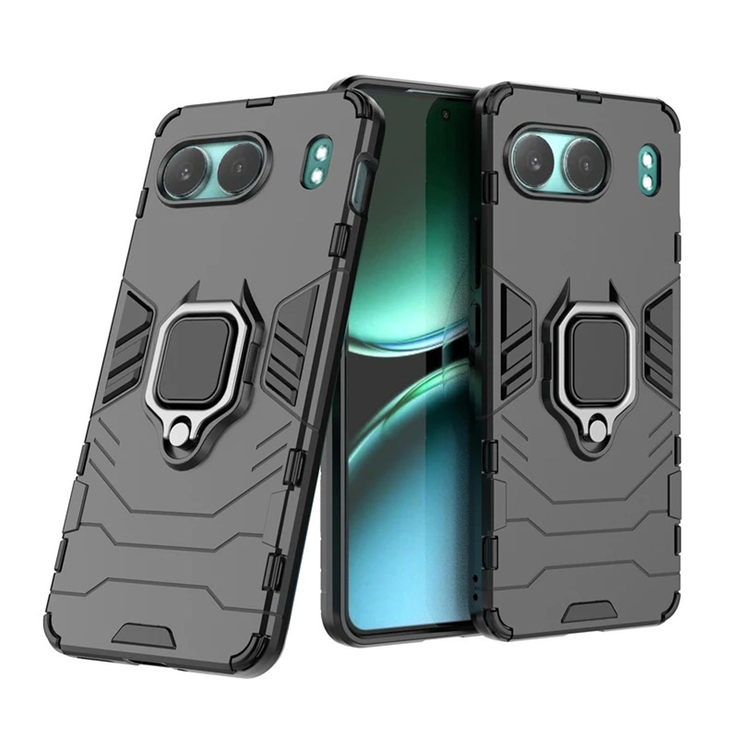 Deux coques grises avec supports à anneau. Une avec téléphone. Découpes caméra.