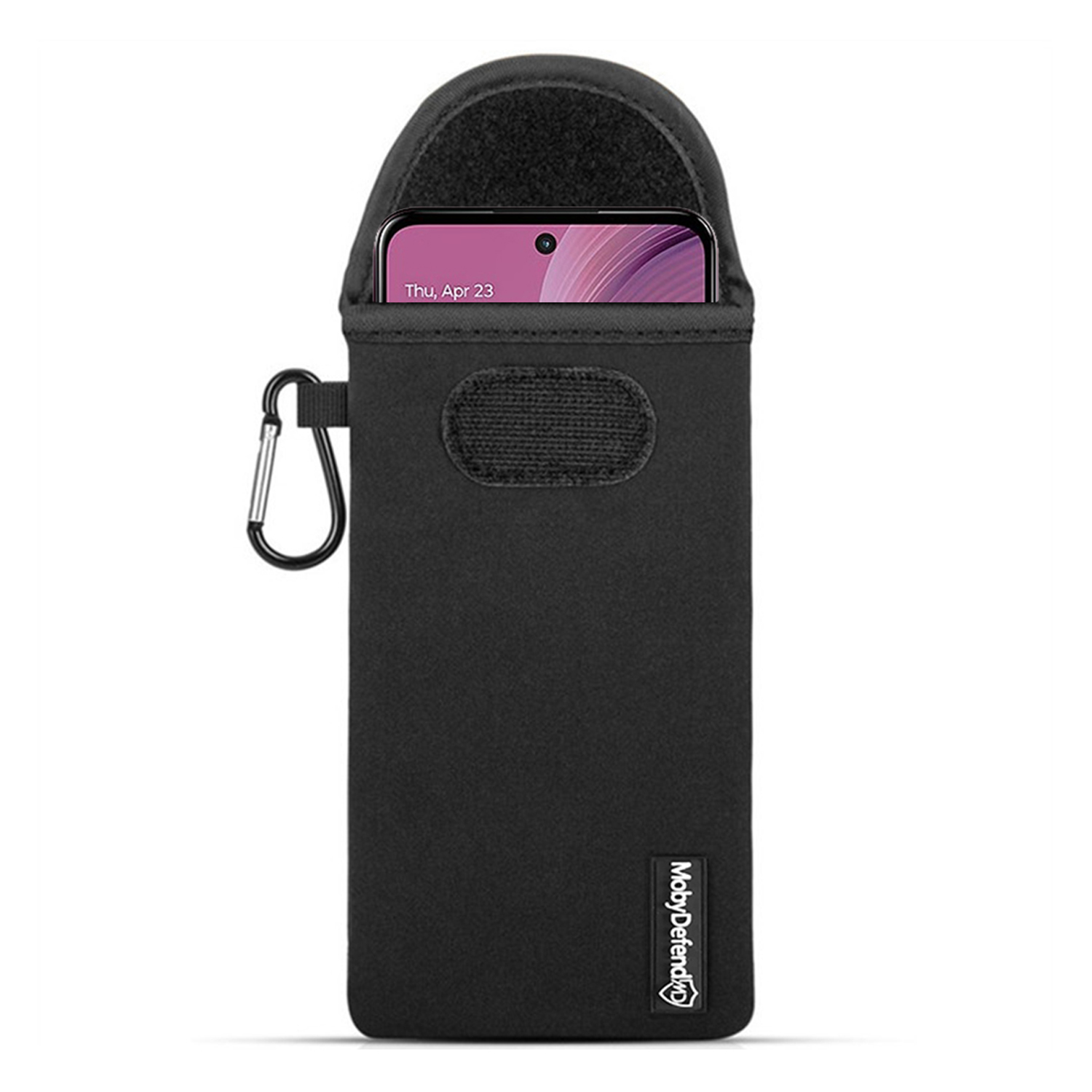 Een zwarte telefoonhoes met een telefoon erin. De hoes heeft een clip.