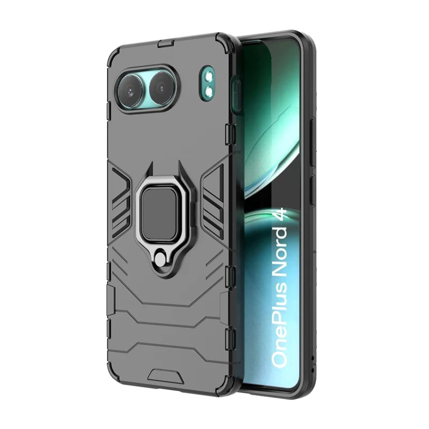 Coque de téléphone grise avec support de bague et protection de caméra.
