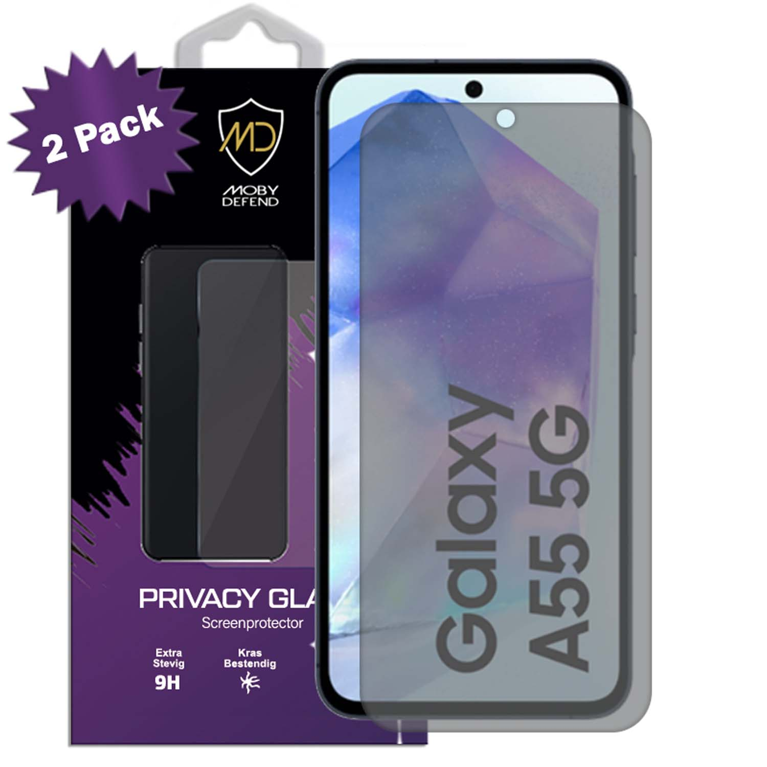 Téléphone avec protecteur d'écran dans une boîte avec étiquette '2 Pack' et texte 'Galaxy A55 5G'.