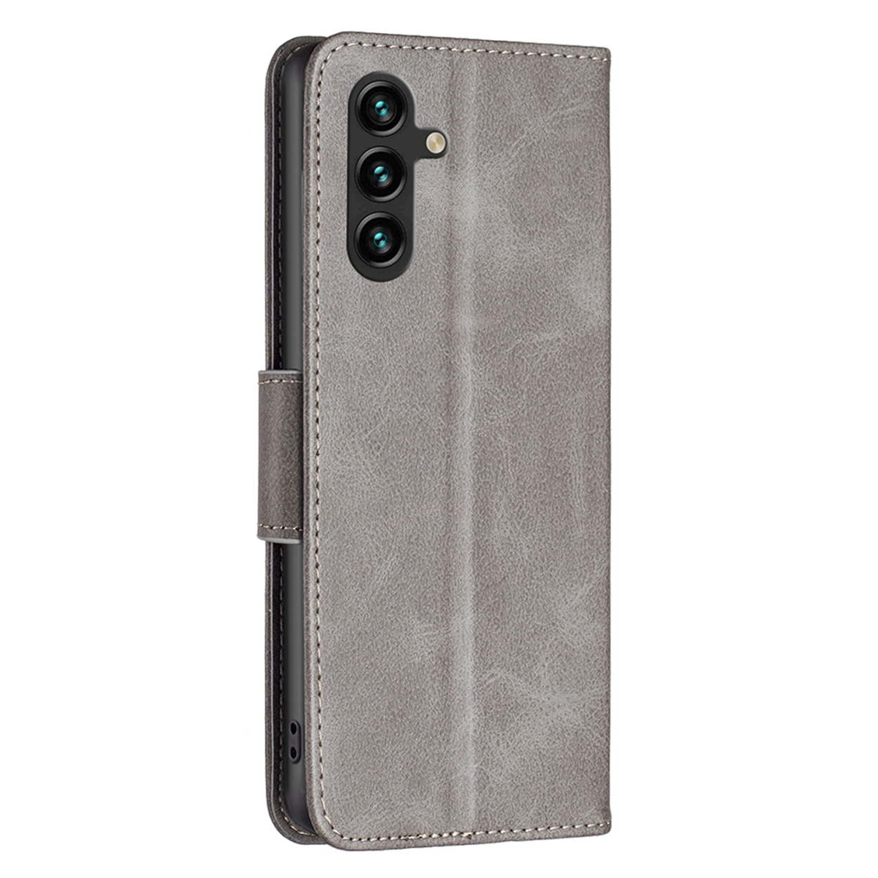 Grijze leren telefoonhoes geopend, met kaartsleuven en de telefoon erin. De telefoon heeft meerdere camera's.
