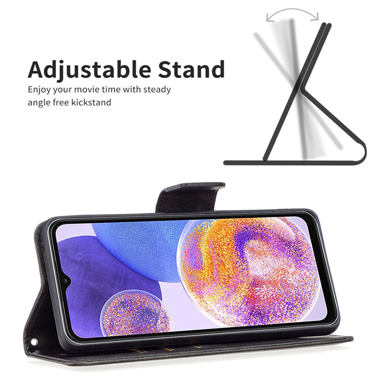 Telefoonhoes met een telefoon erin. Een standaard is omhooggeklapt. Tekst bovenaan.